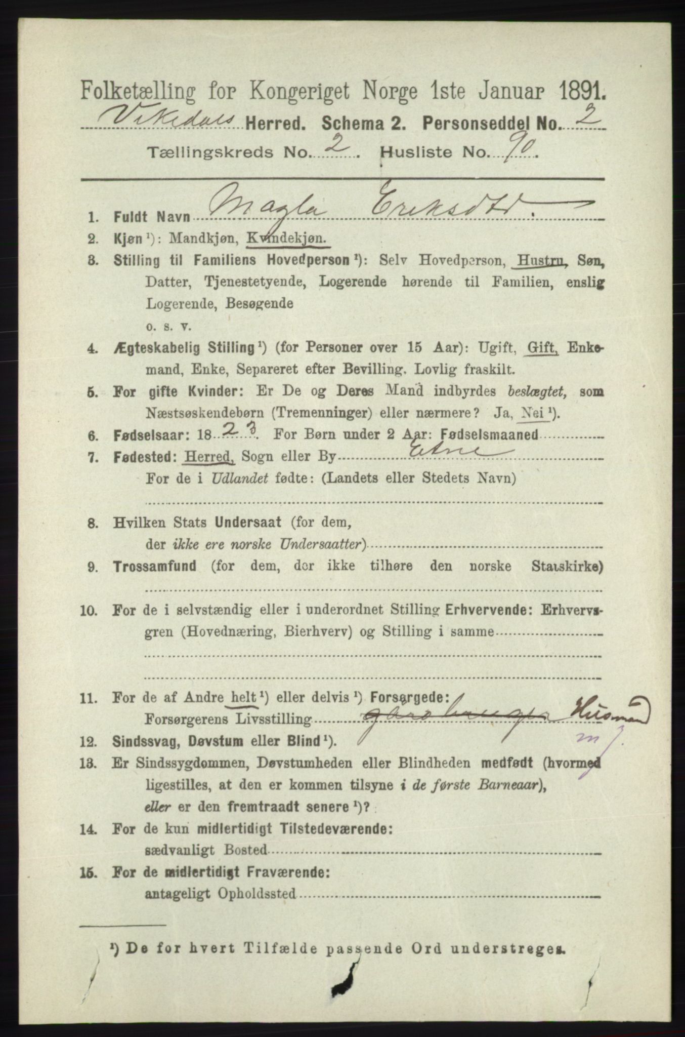 RA, 1891 census for 1157 Vikedal, 1891, p. 672