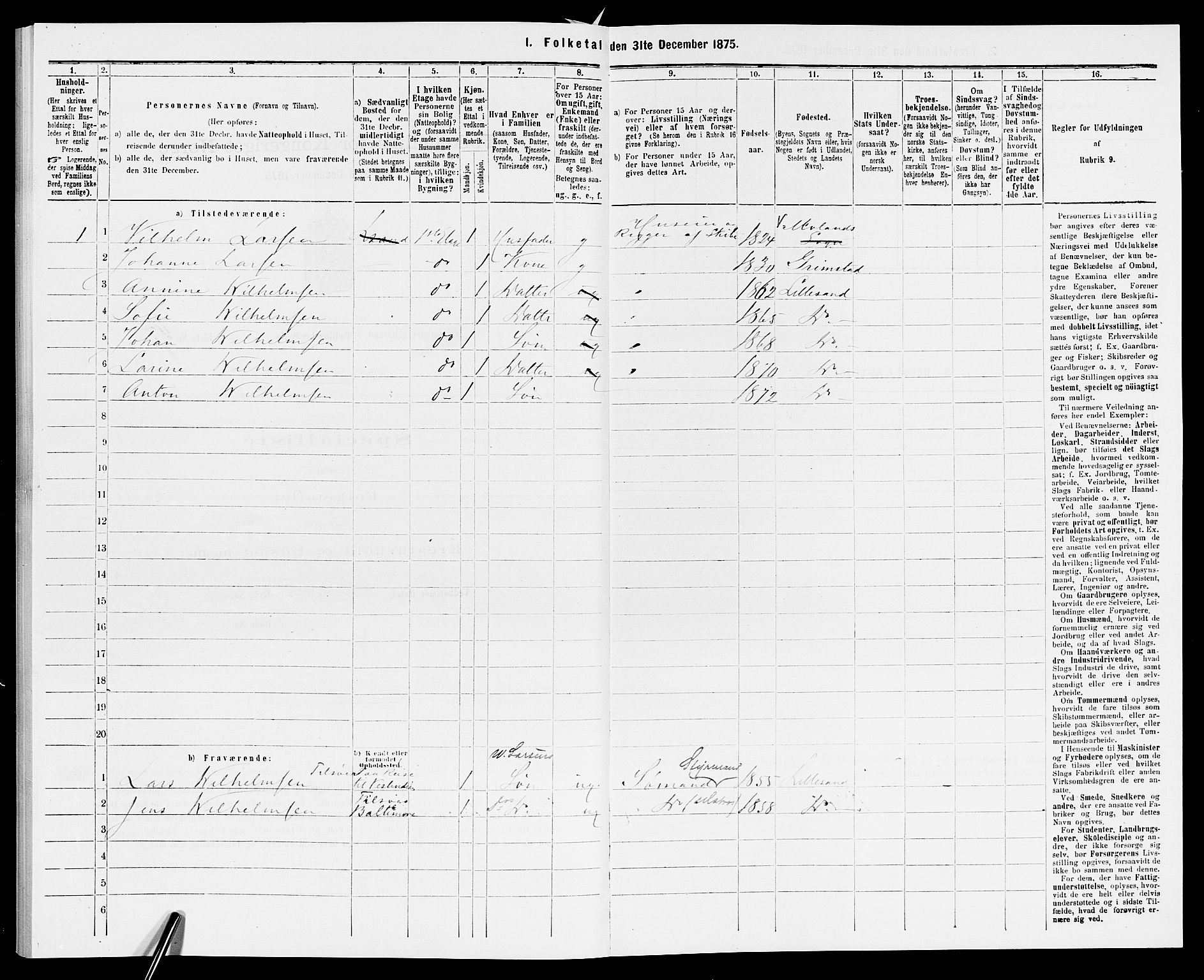 SAK, 1875 census for 0905B Vestre Moland/Lillesand, 1875, p. 103