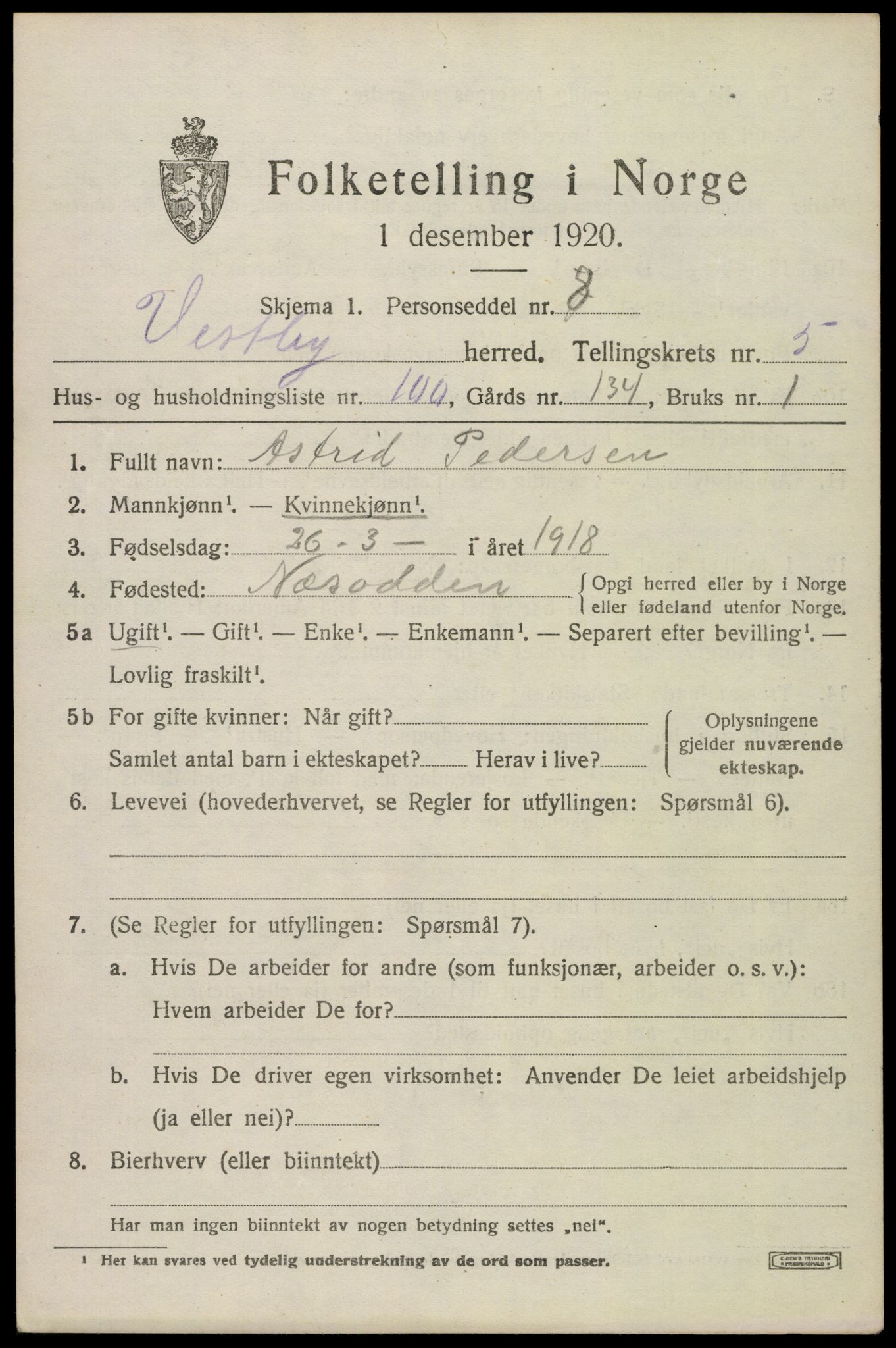 SAO, 1920 census for Vestby, 1920, p. 6359