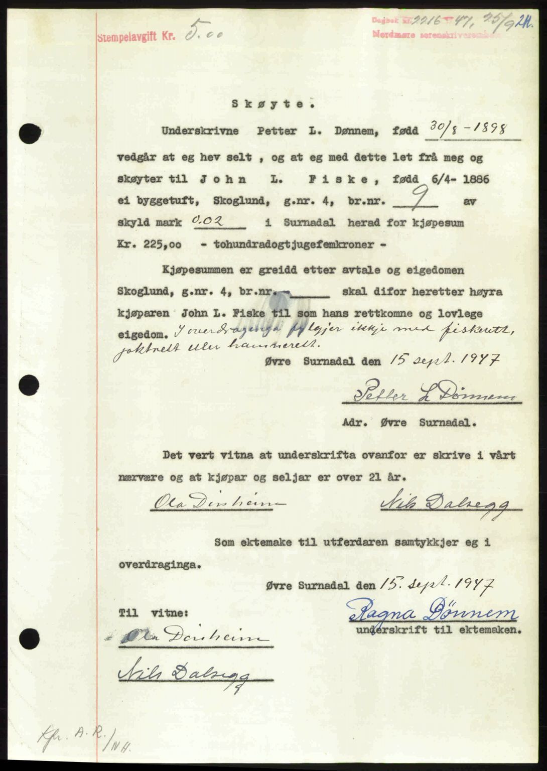 Nordmøre sorenskriveri, AV/SAT-A-4132/1/2/2Ca: Mortgage book no. A106, 1947-1947, Diary no: : 2216/1947