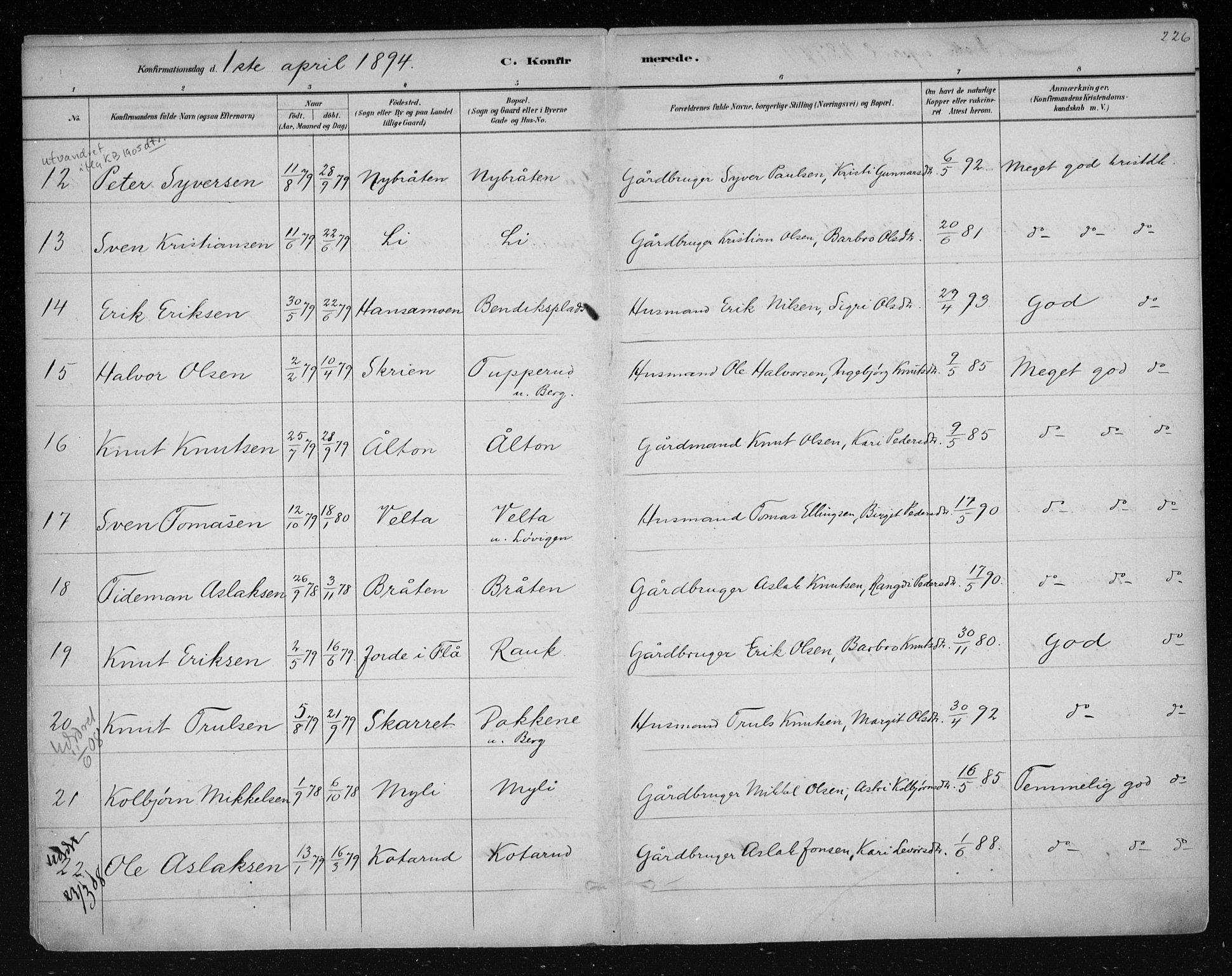 Nes kirkebøker, AV/SAKO-A-236/F/Fa/L0011: Parish register (official) no. 11, 1881-1912, p. 226