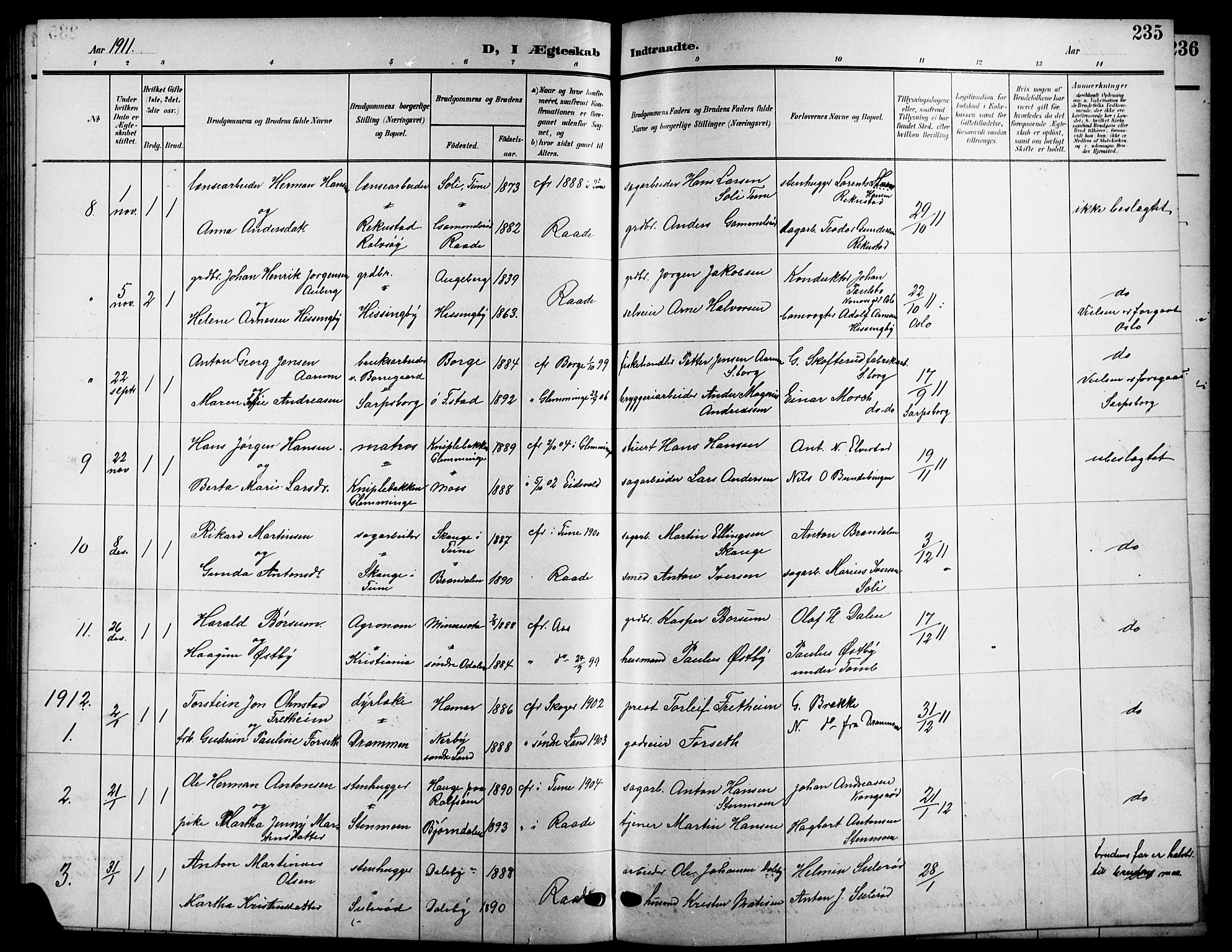Råde prestekontor kirkebøker, SAO/A-2009/G/Ga/L0001: Parish register (copy) no. 1, 1903-1925, p. 235