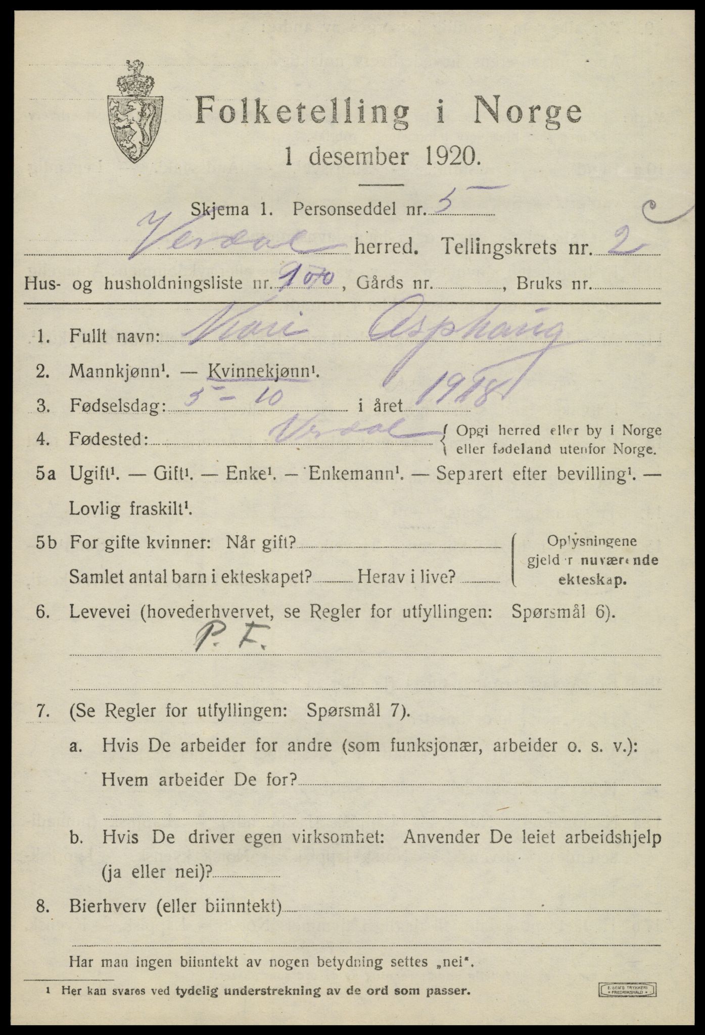 SAT, 1920 census for Verdal, 1920, p. 6693