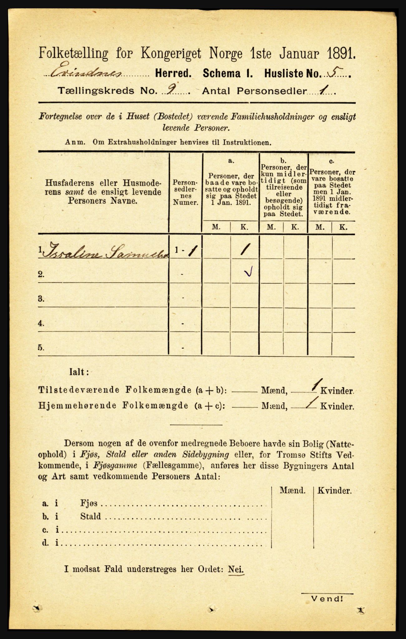 RA, 1891 census for 1853 Evenes, 1891, p. 2764