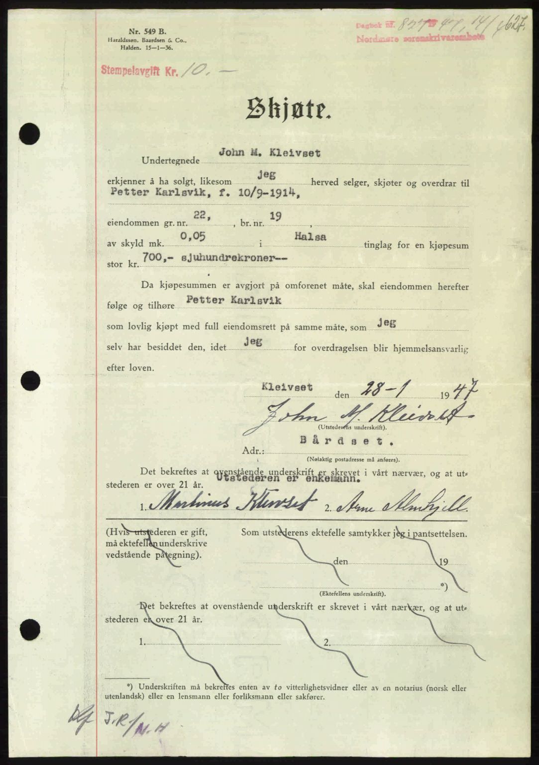 Nordmøre sorenskriveri, AV/SAT-A-4132/1/2/2Ca: Mortgage book no. A104, 1947-1947, Diary no: : 827/1947