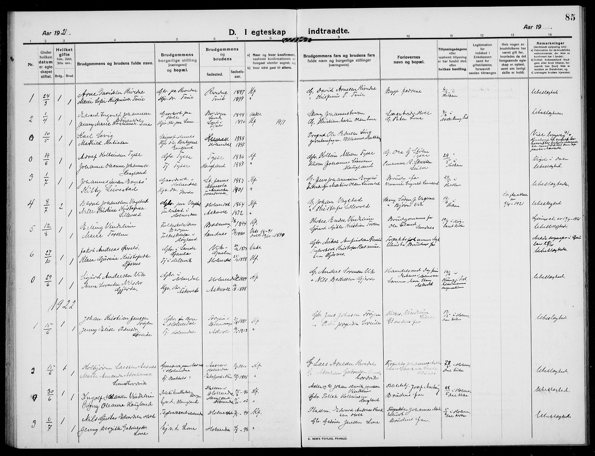 Fjaler sokneprestembete, AV/SAB-A-79801/H/Hab/Habb/L0003: Parish register (copy) no. B 3, 1913-1940, p. 85