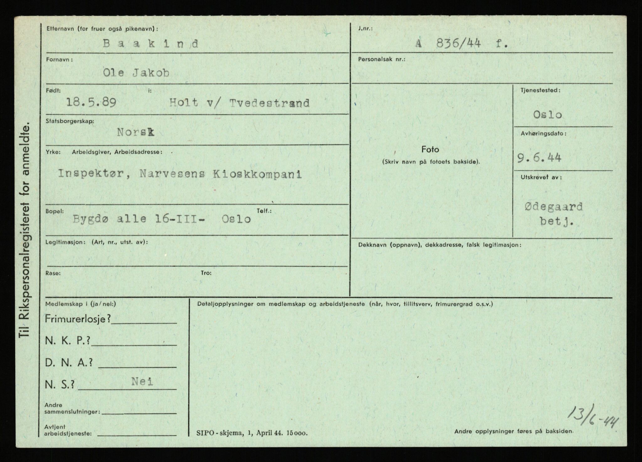 Statspolitiet - Hovedkontoret / Osloavdelingen, AV/RA-S-1329/C/Ca/L0002: Arneberg - Brand, 1943-1945, p. 853