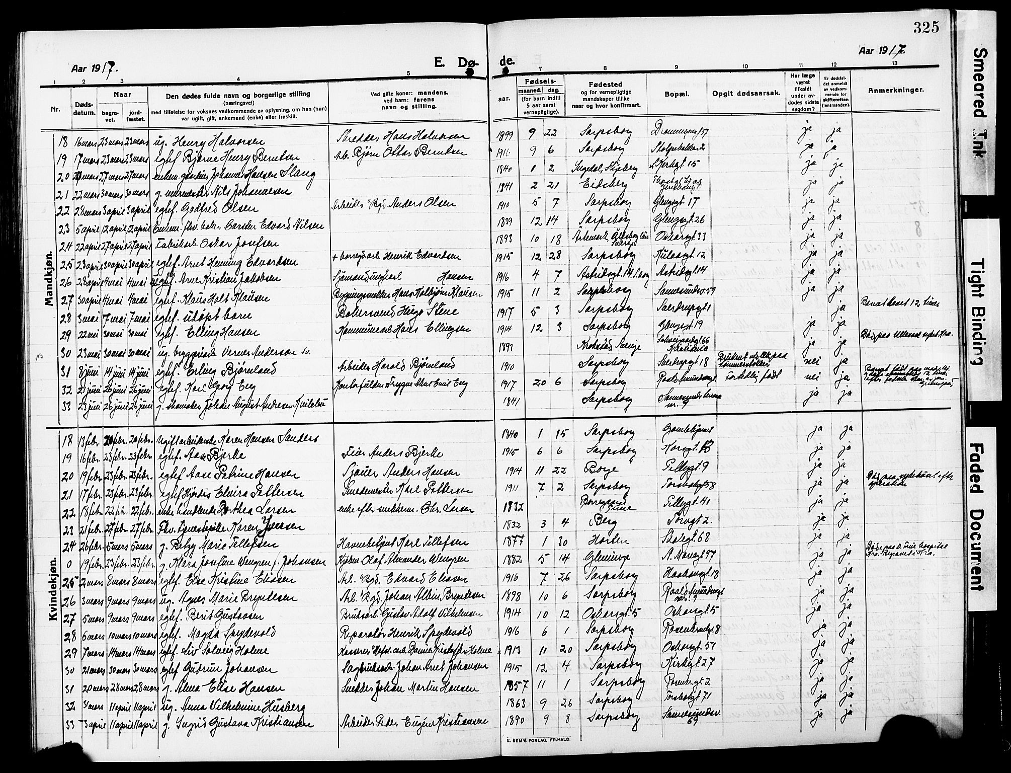 Sarpsborg prestekontor Kirkebøker, AV/SAO-A-2006/G/Ga/L0002: Parish register (copy) no. 2, 1912-1931, p. 325