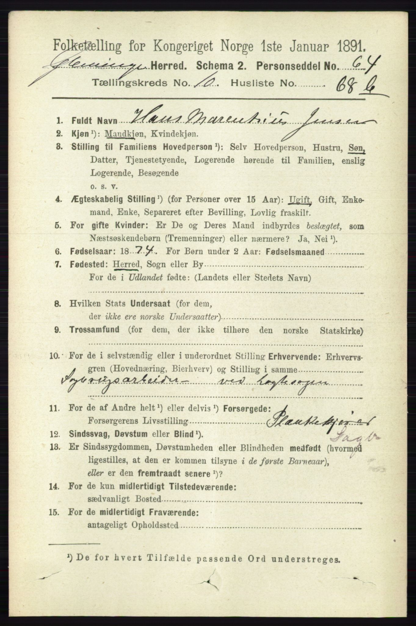 RA, 1891 census for 0132 Glemmen, 1891, p. 10519