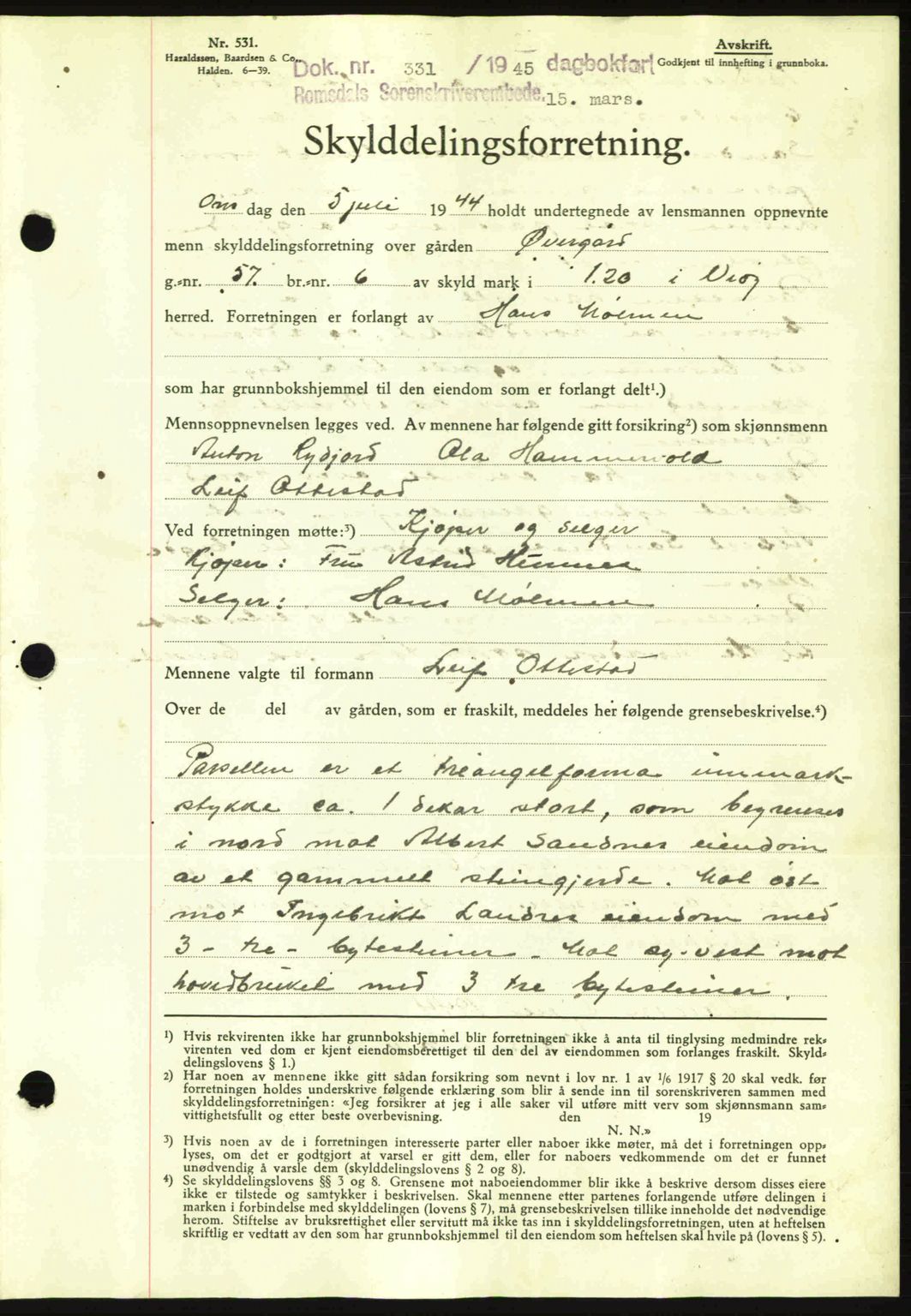 Romsdal sorenskriveri, AV/SAT-A-4149/1/2/2C: Mortgage book no. A17, 1944-1945, Diary no: : 331/1945