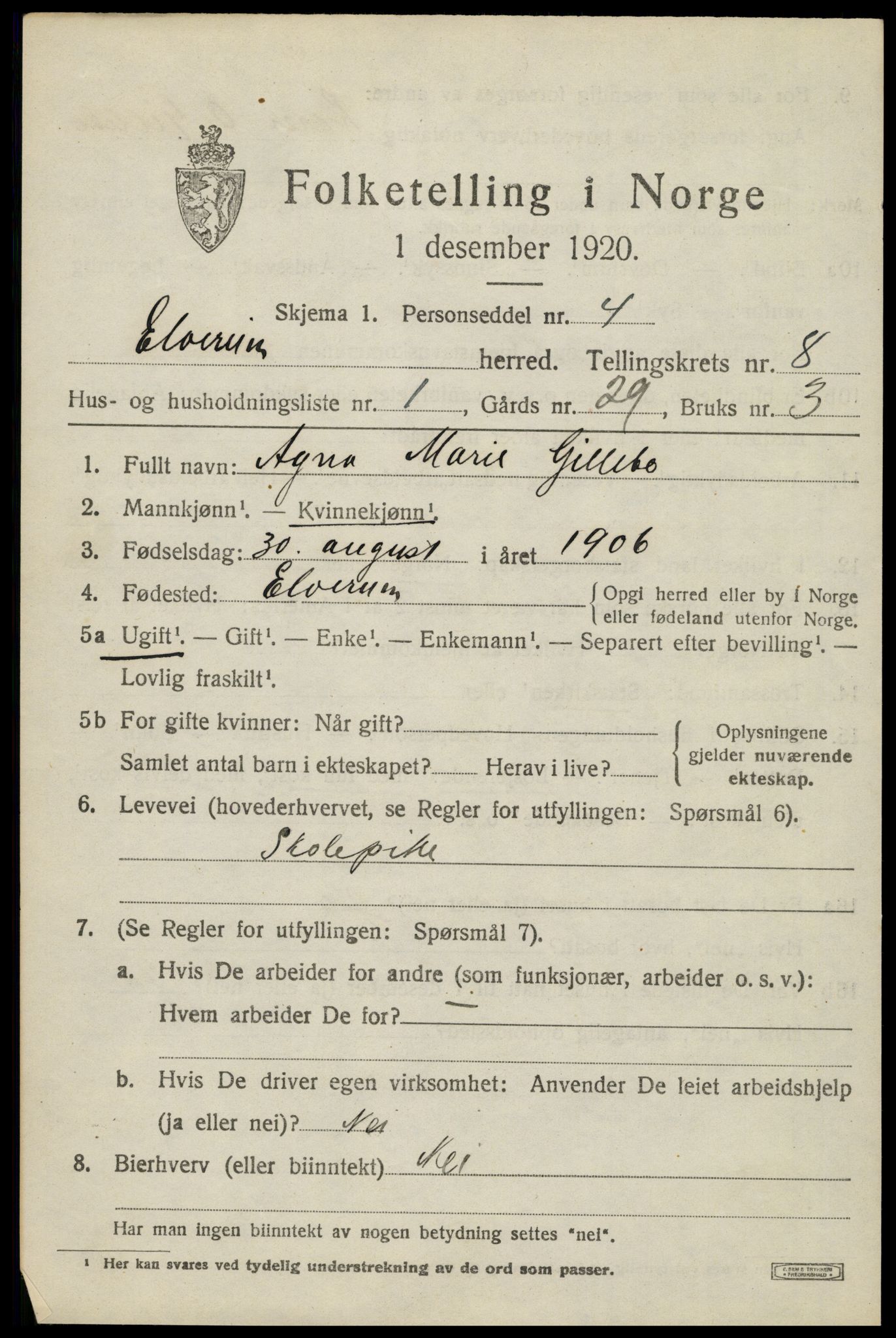 SAH, 1920 census for Elverum, 1920, p. 13104