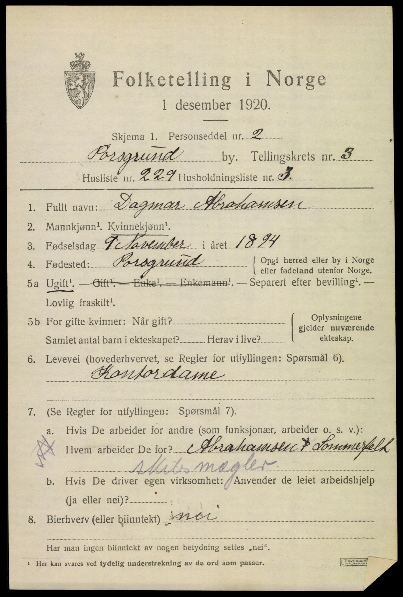 SAKO, 1920 census for Porsgrunn, 1920, p. 17329