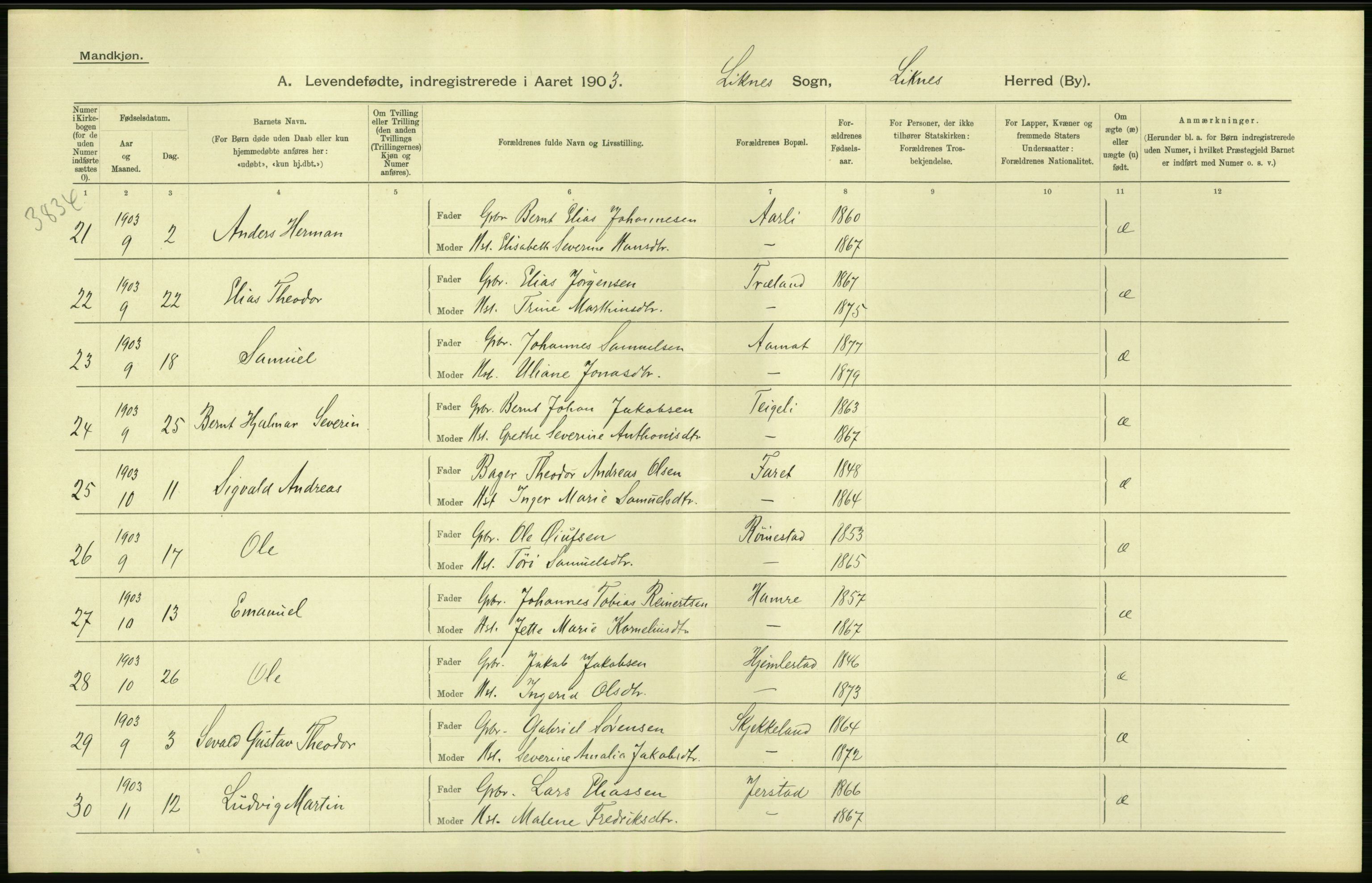 Statistisk sentralbyrå, Sosiodemografiske emner, Befolkning, AV/RA-S-2228/D/Df/Dfa/Dfaa/L0011: Lister og Mandal amt: Fødte, gifte, døde, 1903, p. 42