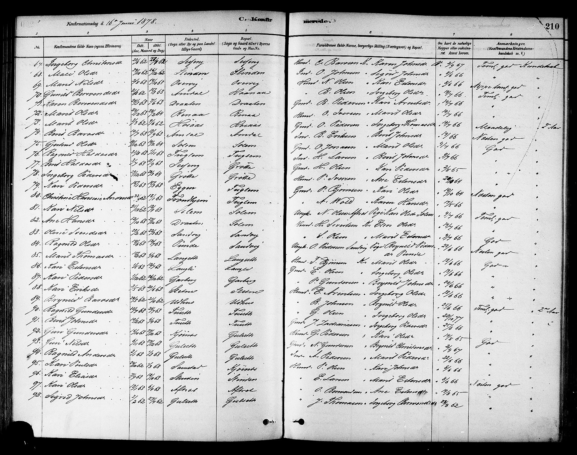 Ministerialprotokoller, klokkerbøker og fødselsregistre - Sør-Trøndelag, SAT/A-1456/695/L1148: Parish register (official) no. 695A08, 1878-1891, p. 210