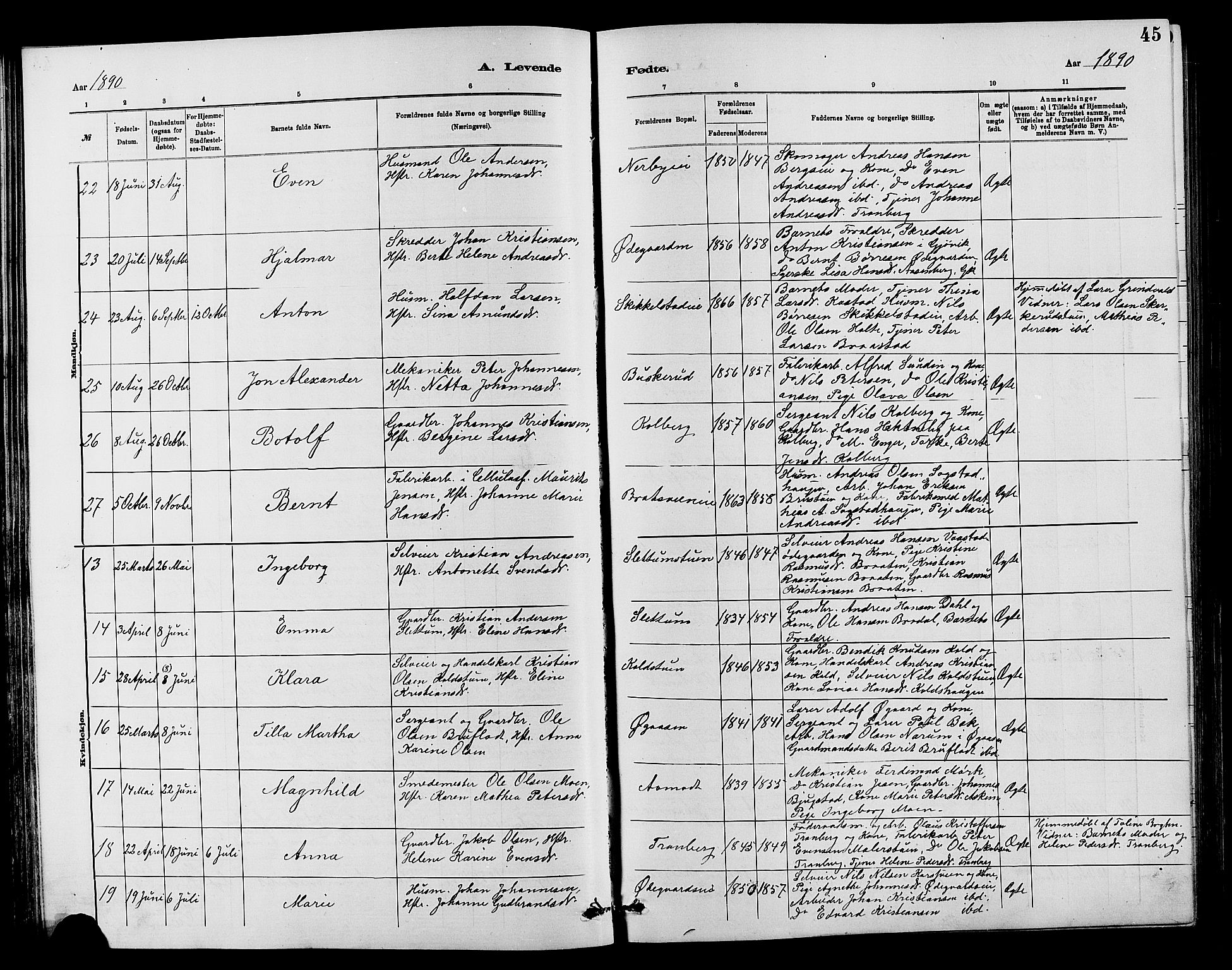 Vardal prestekontor, SAH/PREST-100/H/Ha/Hab/L0007: Parish register (copy) no. 7 /1, 1881-1895, p. 45