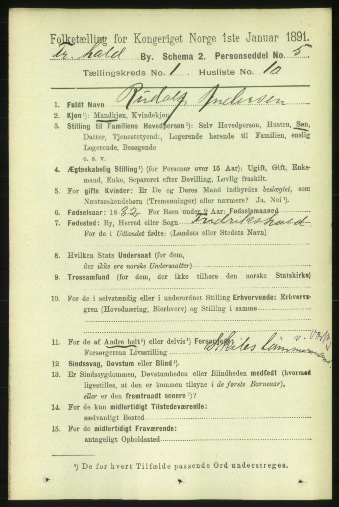 RA, 1891 census for 0101 Fredrikshald, 1891, p. 2007