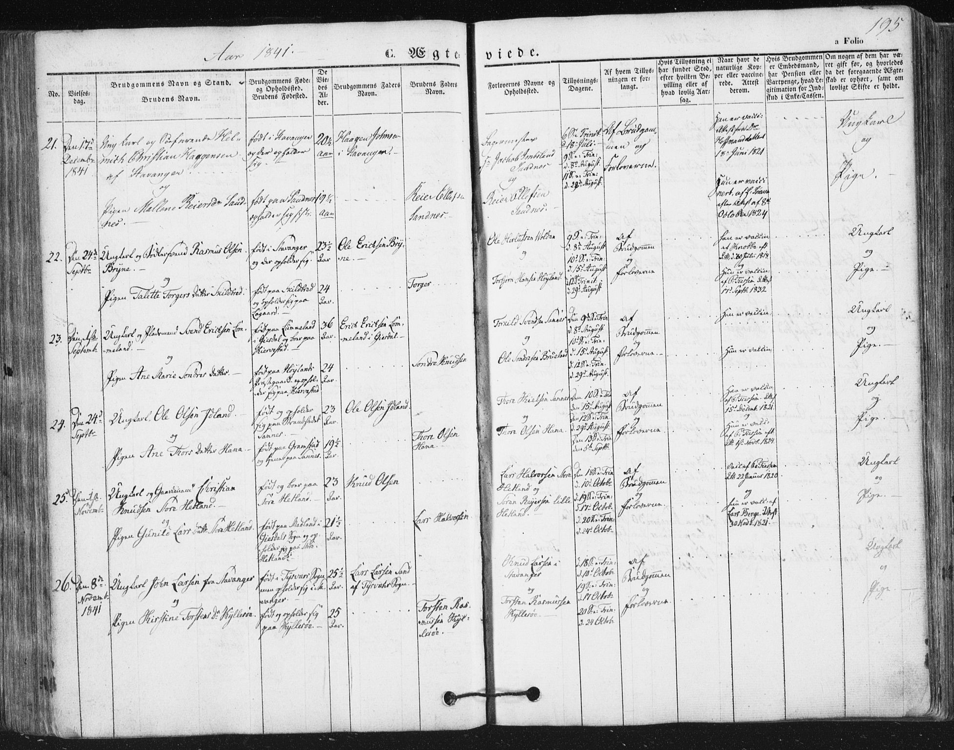 Høyland sokneprestkontor, AV/SAST-A-101799/001/30BA/L0008: Parish register (official) no. A 8, 1841-1856, p. 195