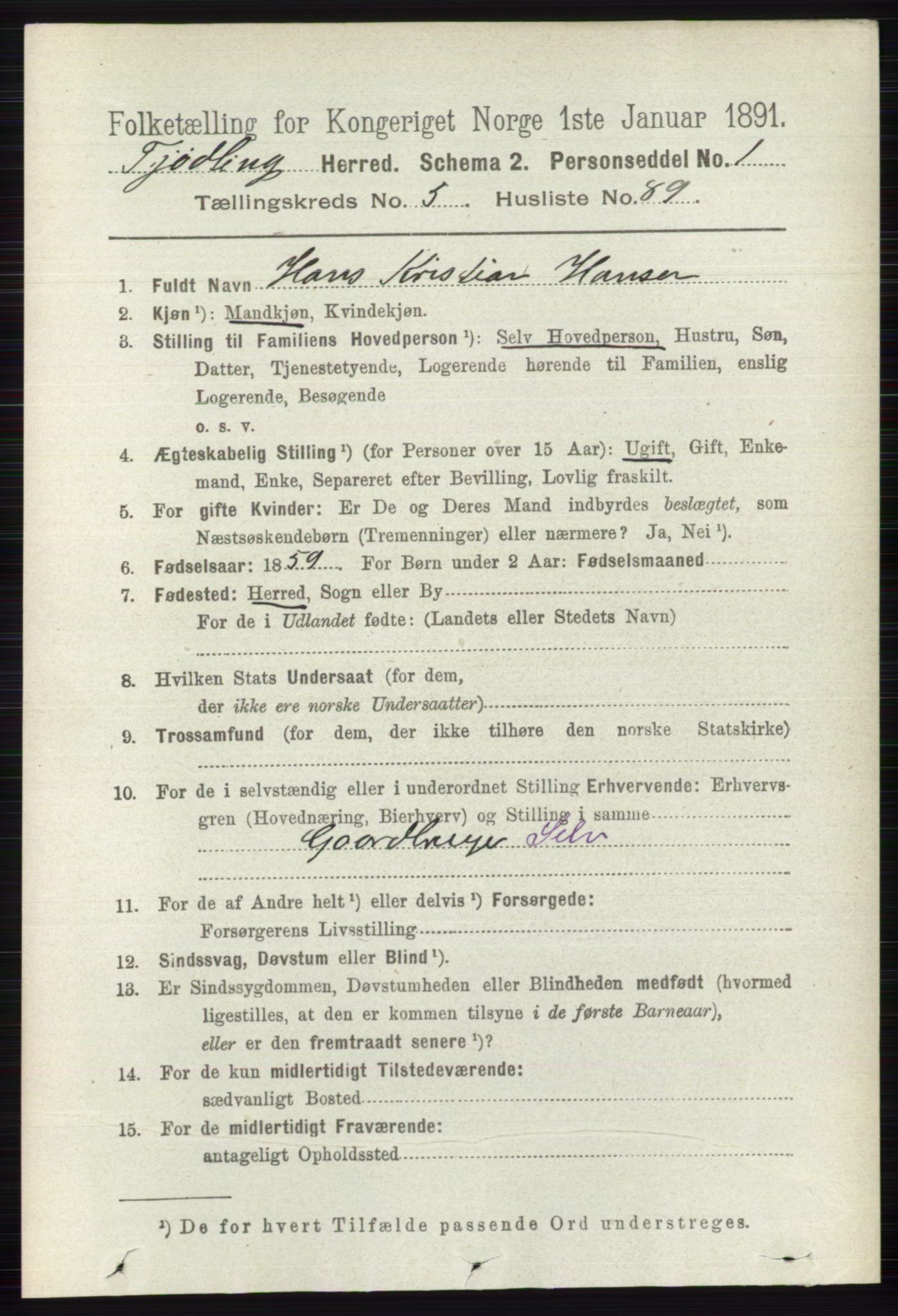 RA, 1891 census for 0725 Tjølling, 1891, p. 2515