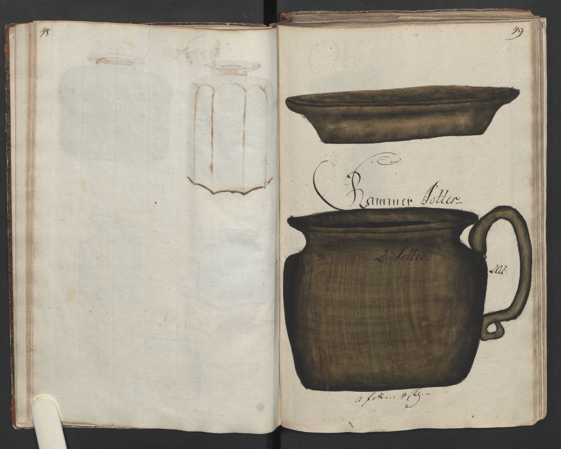 Glassverk, samlinger, AV/RA-PA-0001/F/Fa/L0036: Modellbok for Nøstetangens og Aas' produkter med prisangivelse,, 1763, p. 48-49
