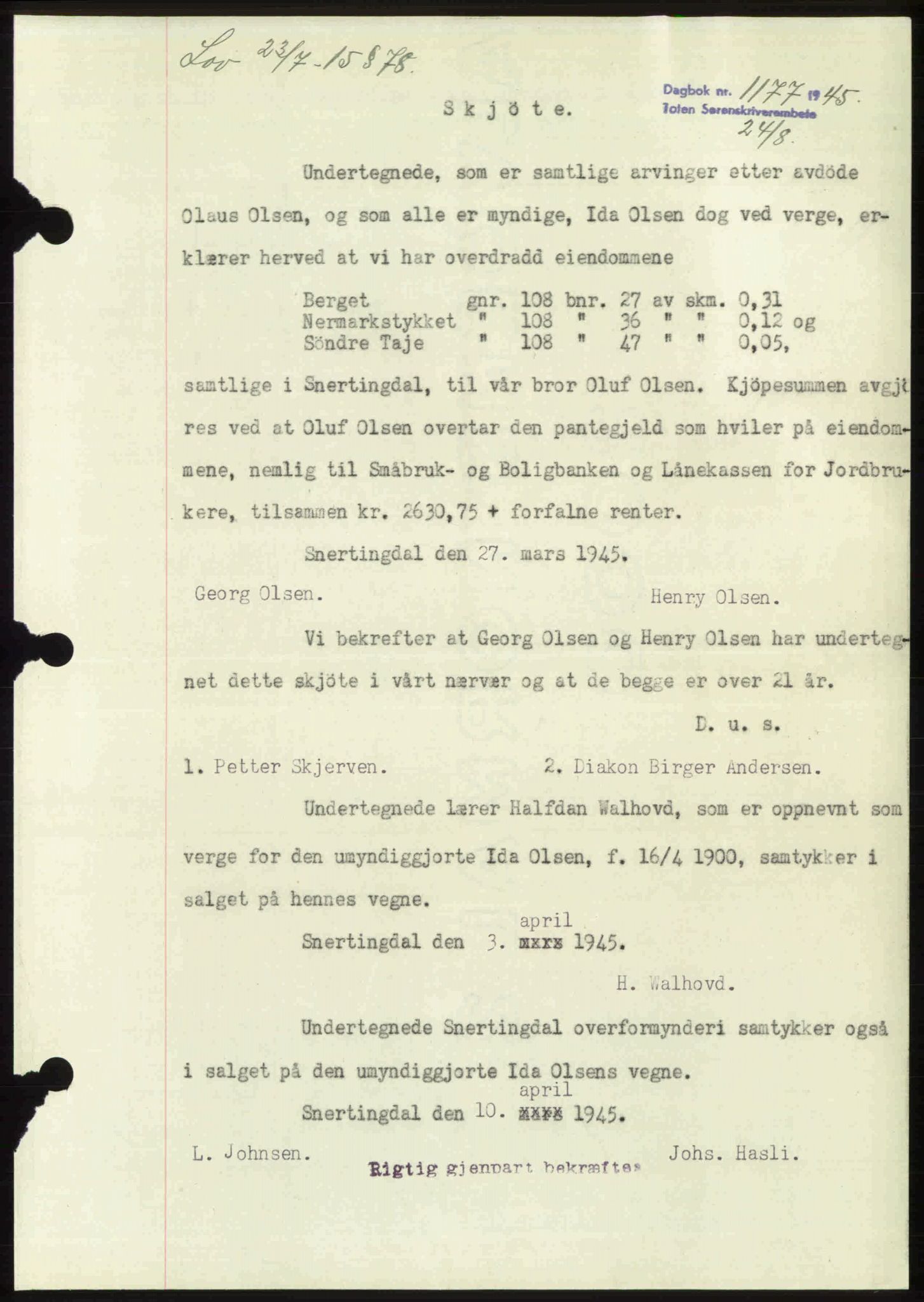 Toten tingrett, SAH/TING-006/H/Hb/Hbc/L0013: Mortgage book no. Hbc-13, 1945-1945, Diary no: : 1177/1945