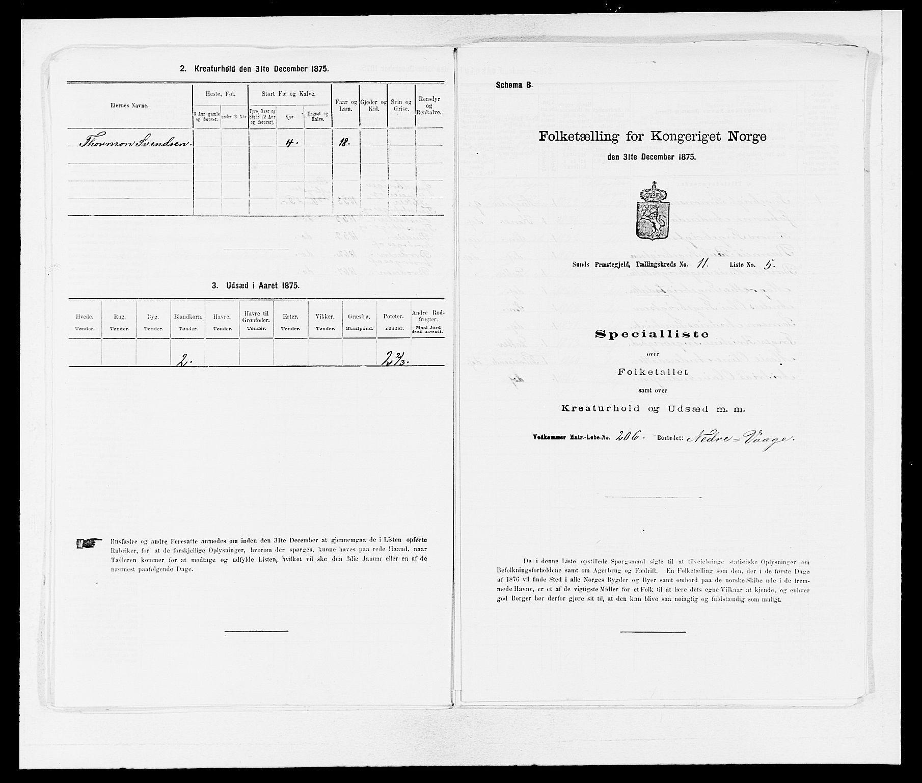 SAB, 1875 census for 1245P Sund, 1875, p. 1235