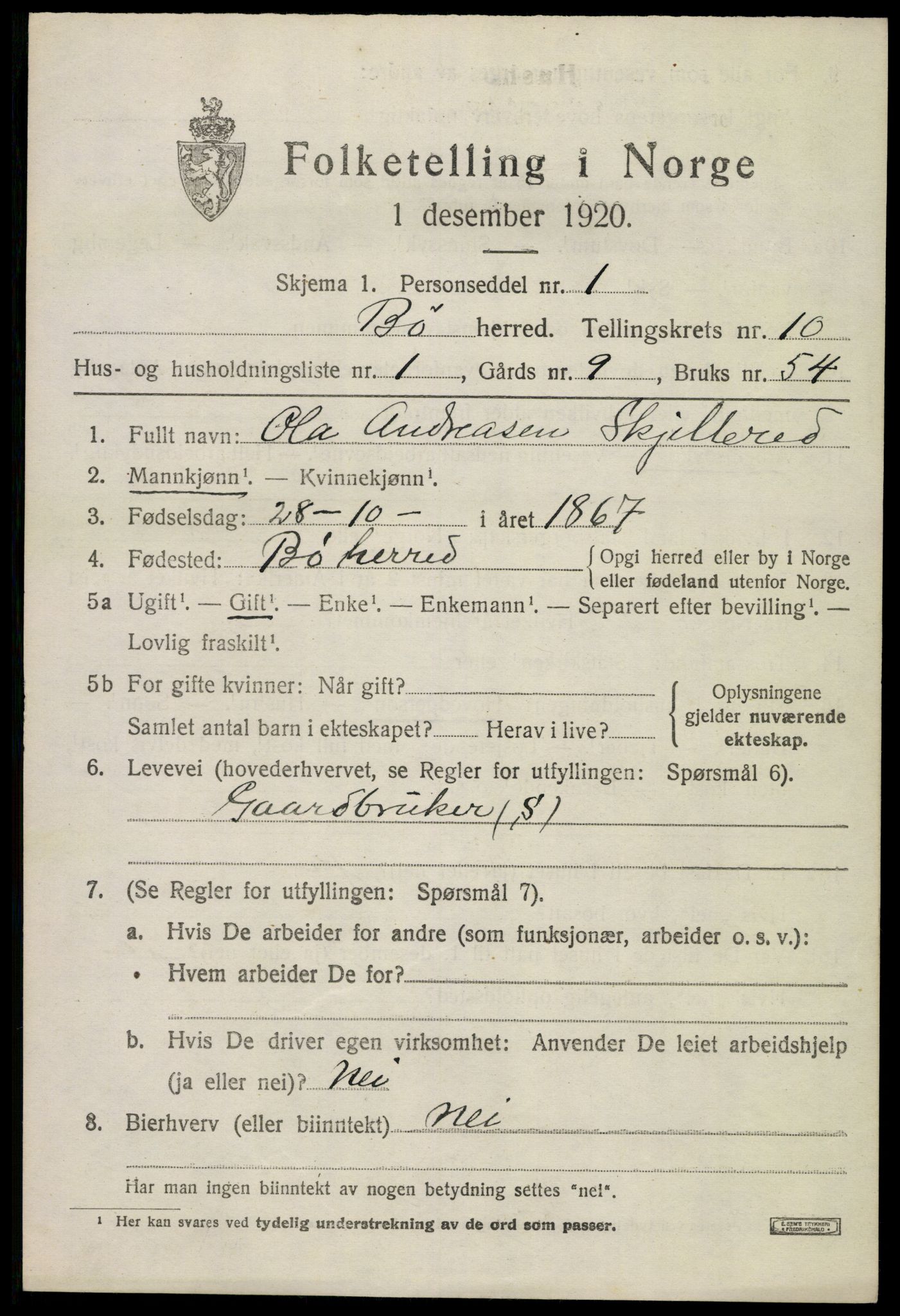 SAKO, 1920 census for Bø (Telemark), 1920, p. 6564