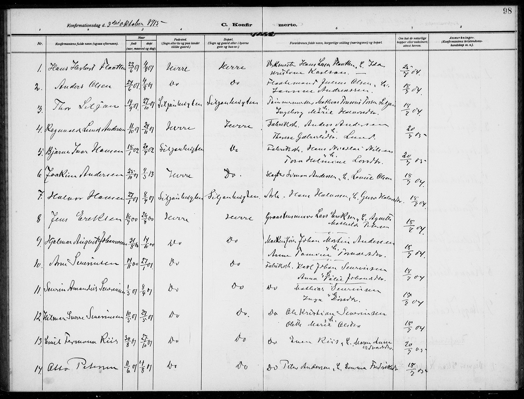 Bamble kirkebøker, AV/SAKO-A-253/F/Fc/L0001: Parish register (official) no. III 1, 1909-1916, p. 98