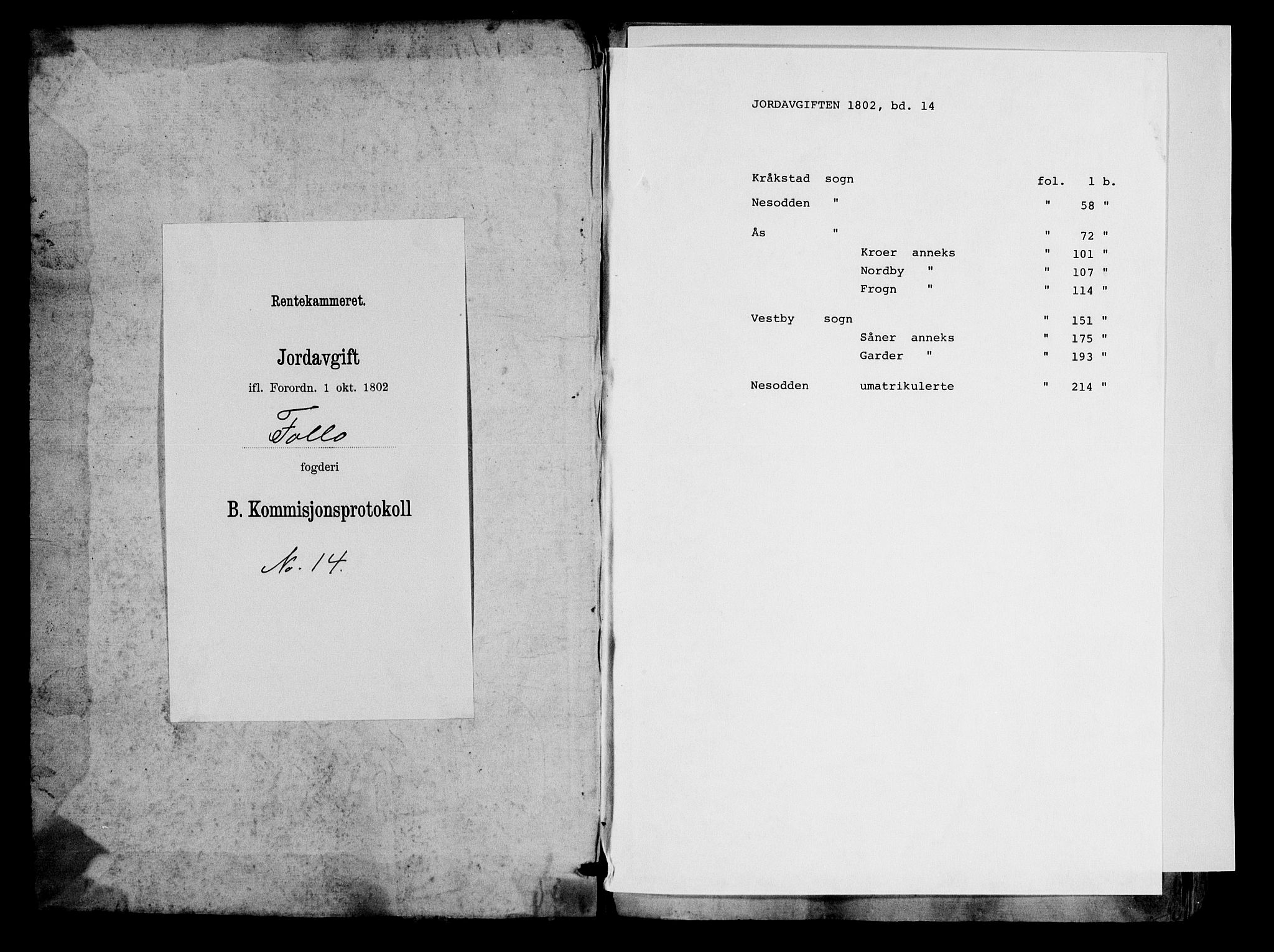 Rentekammeret inntil 1814, Realistisk ordnet avdeling, RA/EA-4070/N/Ne/Nea/L0014: Follo fogderi. Kommisjonsprotokoll, 1803, p. 1