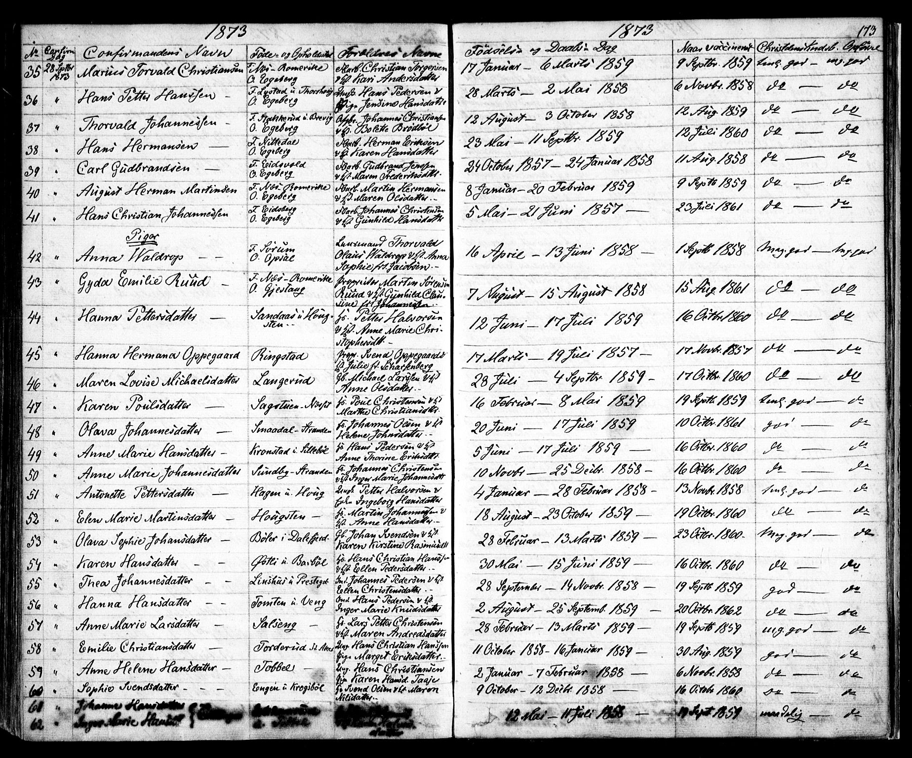 Enebakk prestekontor Kirkebøker, SAO/A-10171c/F/Fa/L0010: Parish register (official) no. I 10, 1829-1876, p. 173