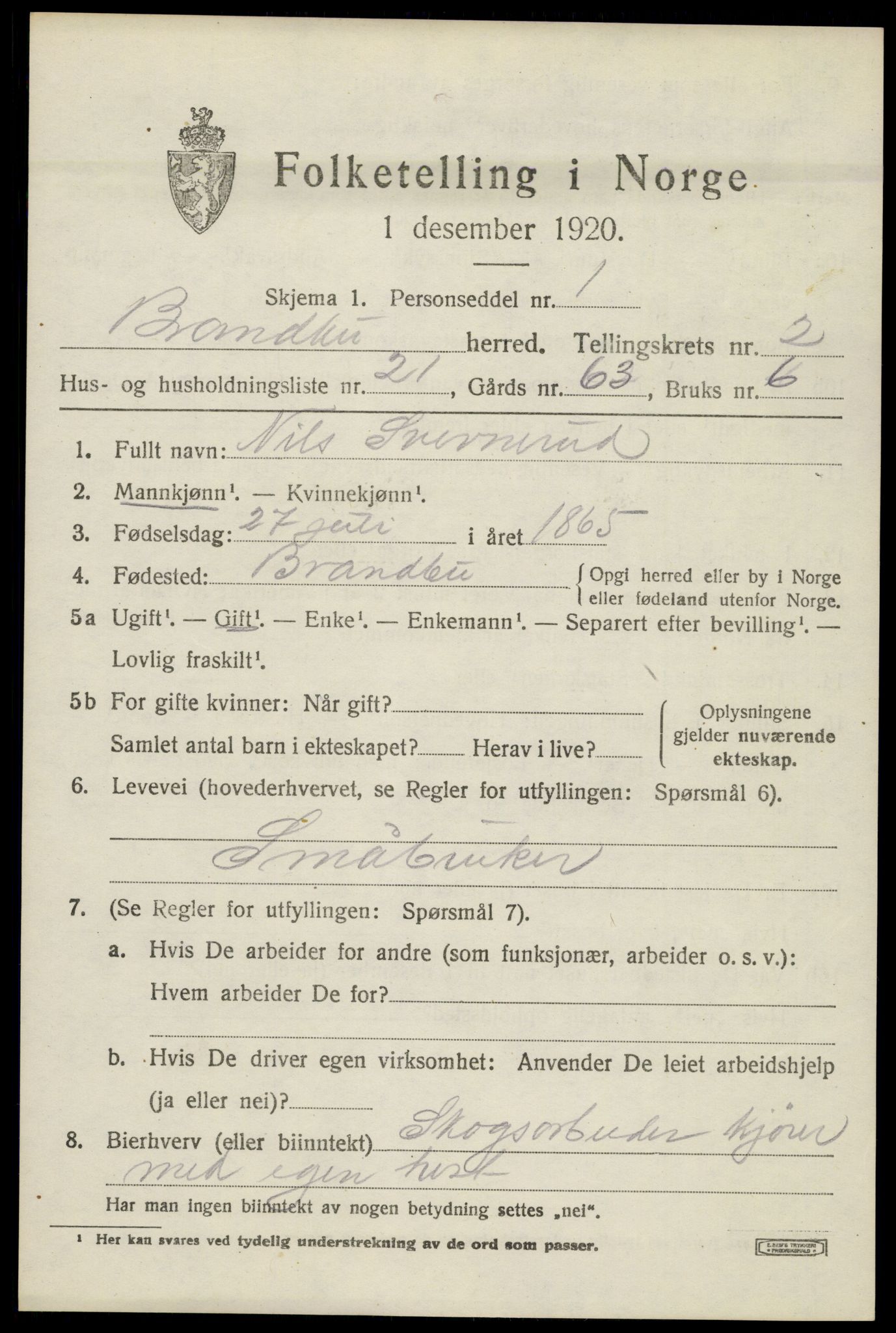 SAH, 1920 census for Brandbu, 1920, p. 3717