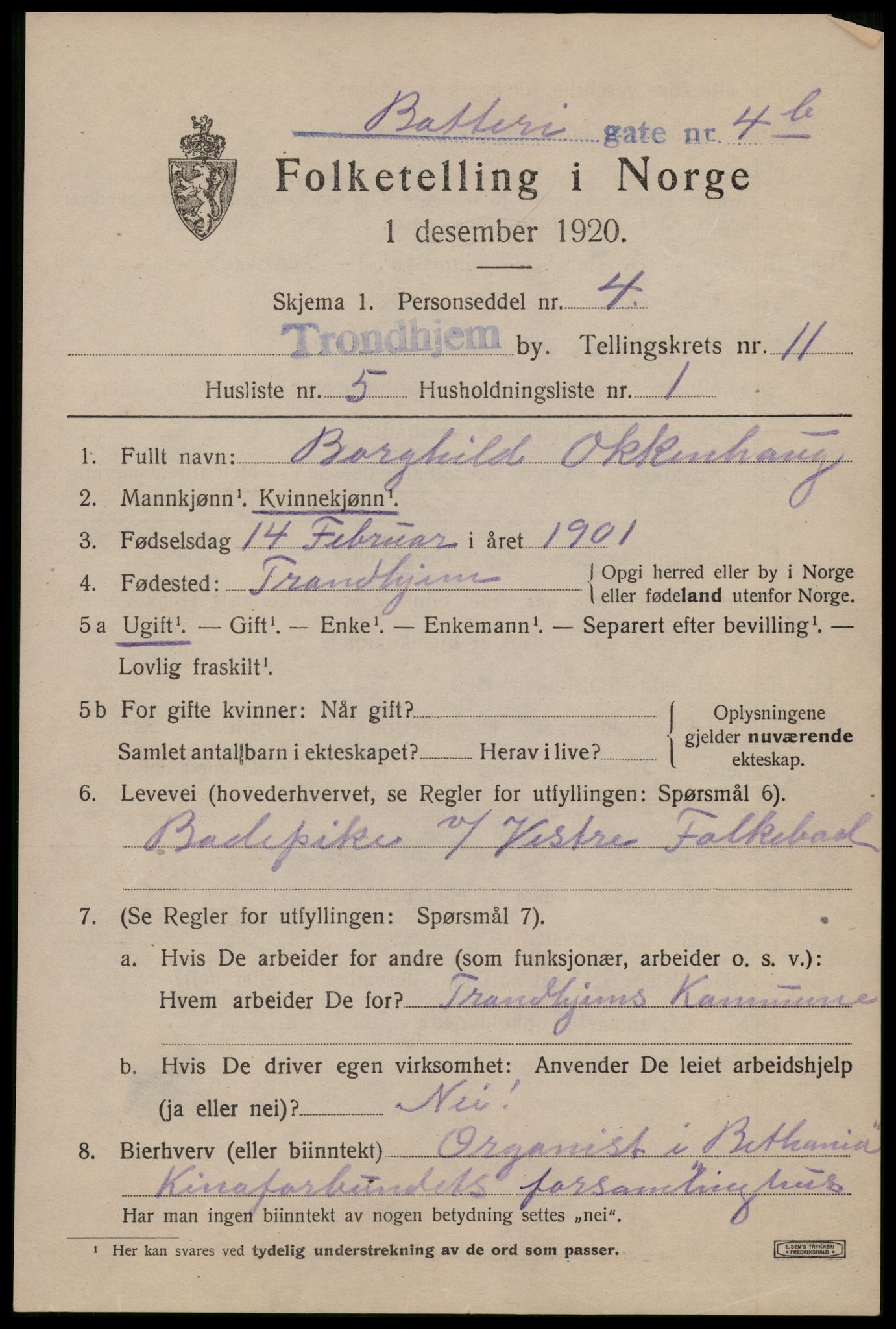 SAT, 1920 census for Trondheim, 1920, p. 46298