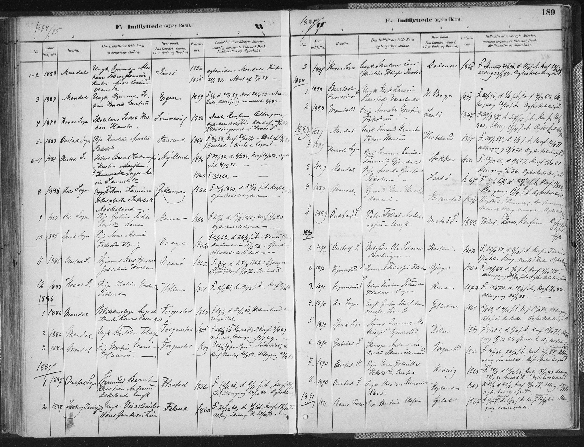 Sør-Audnedal sokneprestkontor, AV/SAK-1111-0039/F/Fa/Faa/L0004: Parish register (official) no. A 4, 1884-1909, p. 189