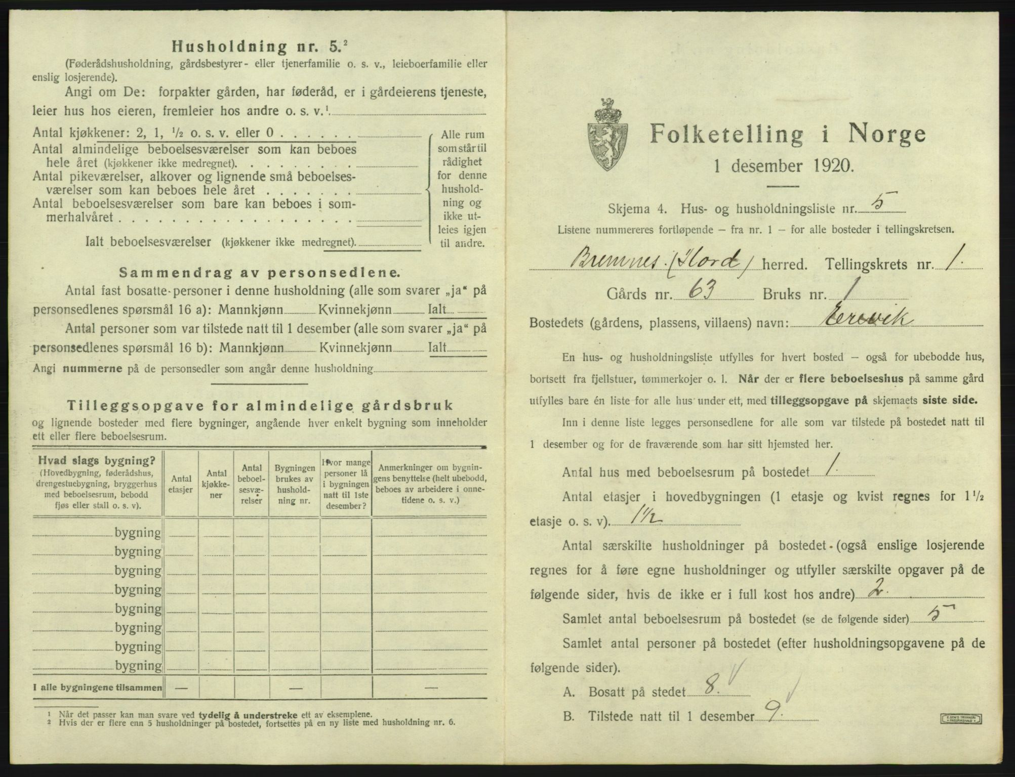 SAB, 1920 census for Bremnes, 1920, p. 51