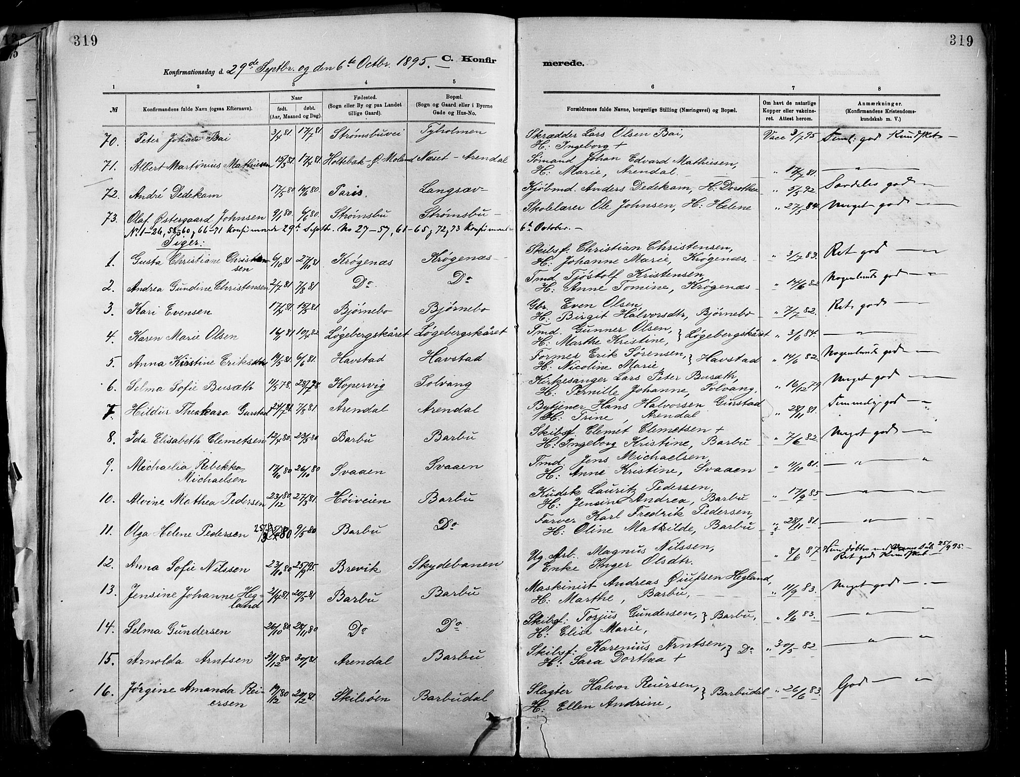 Barbu sokneprestkontor, SAK/1111-0003/F/Fa/L0002: Parish register (official) no. A 2, 1883-1898, p. 319