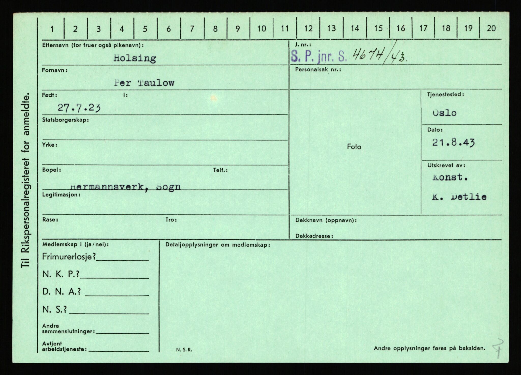 Statspolitiet - Hovedkontoret / Osloavdelingen, AV/RA-S-1329/C/Ca/L0007: Hol - Joelsen, 1943-1945, p. 460