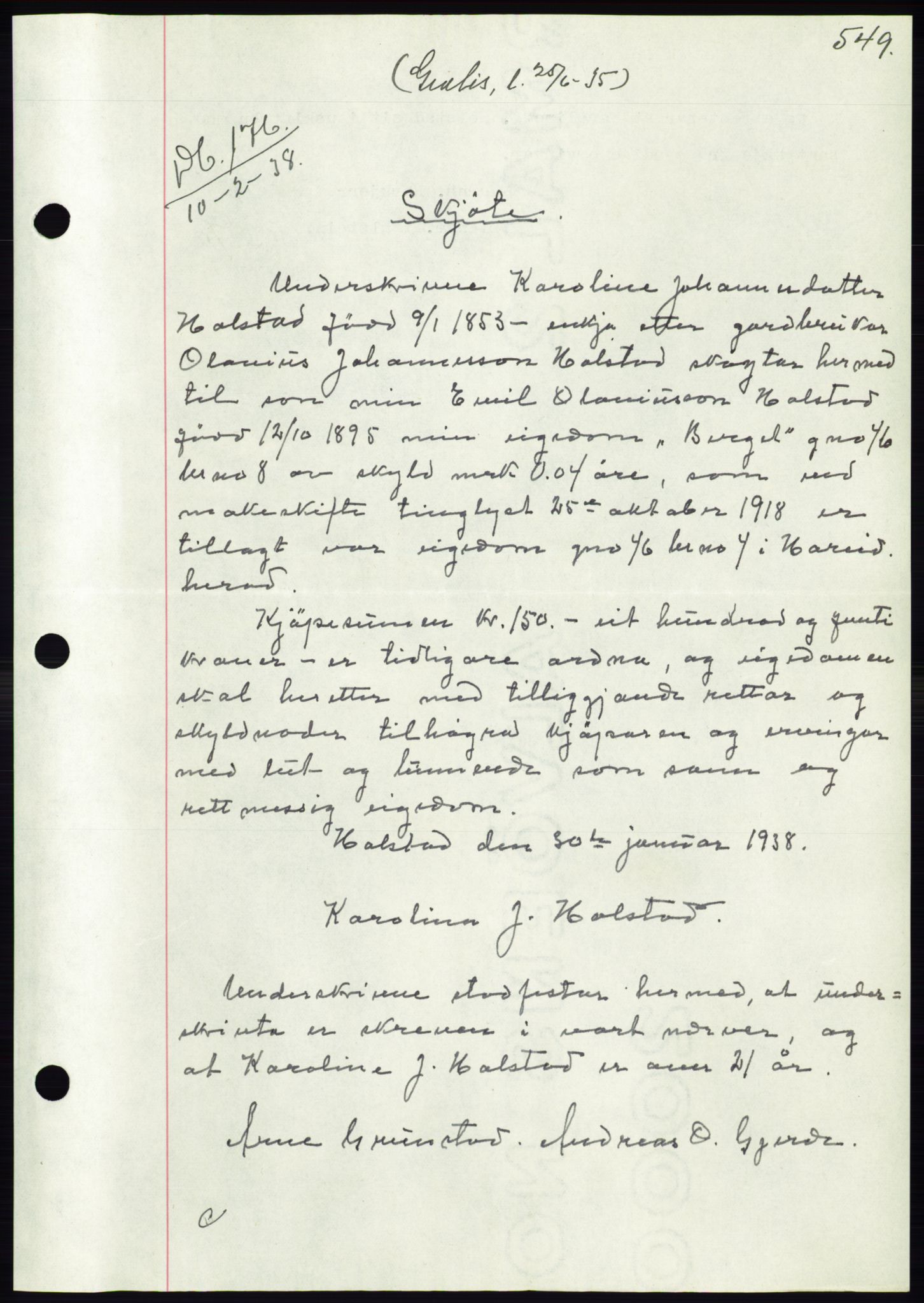 Søre Sunnmøre sorenskriveri, AV/SAT-A-4122/1/2/2C/L0064: Mortgage book no. 58, 1937-1938, Diary no: : 176/1938