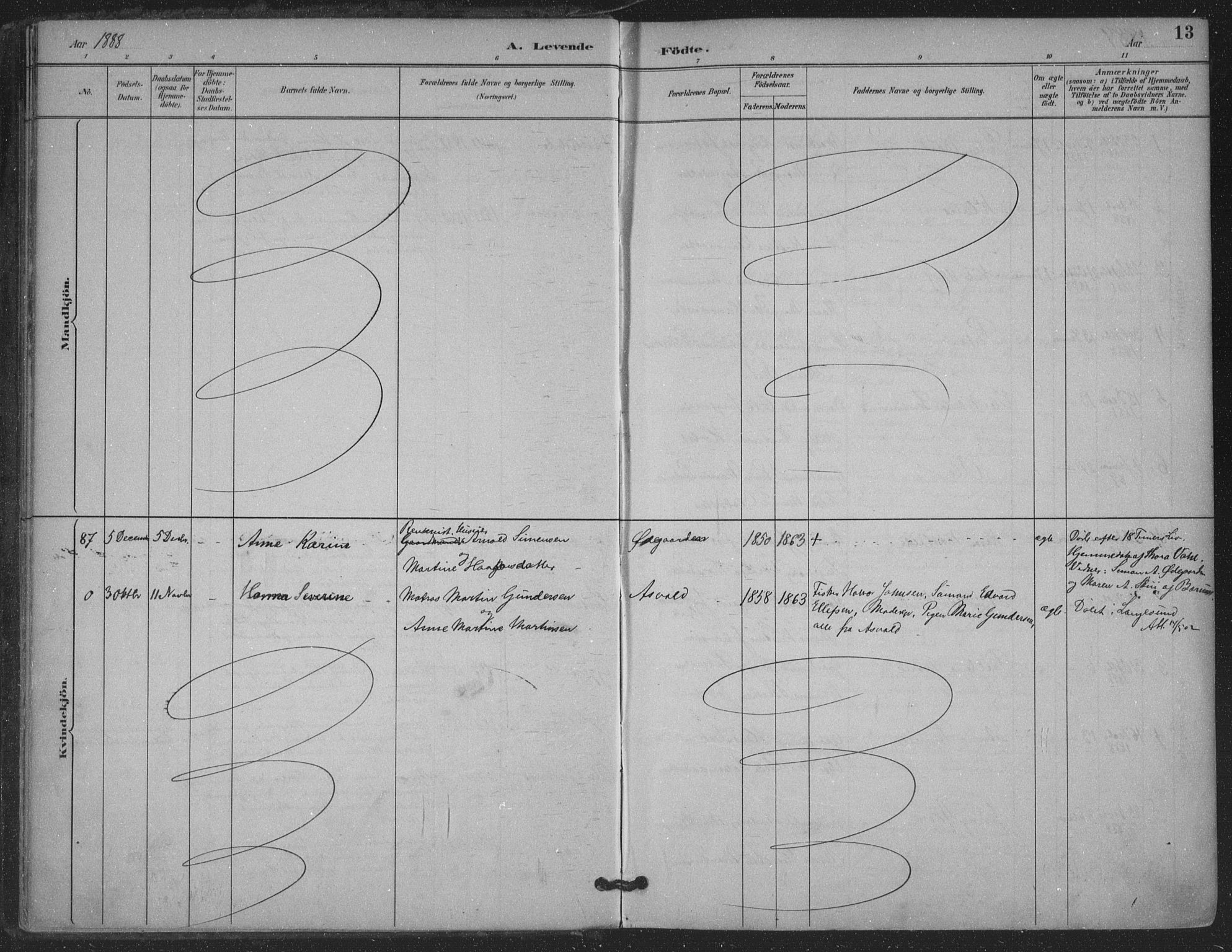 Bamble kirkebøker, AV/SAKO-A-253/F/Fa/L0008: Parish register (official) no. I 8, 1888-1900, p. 13