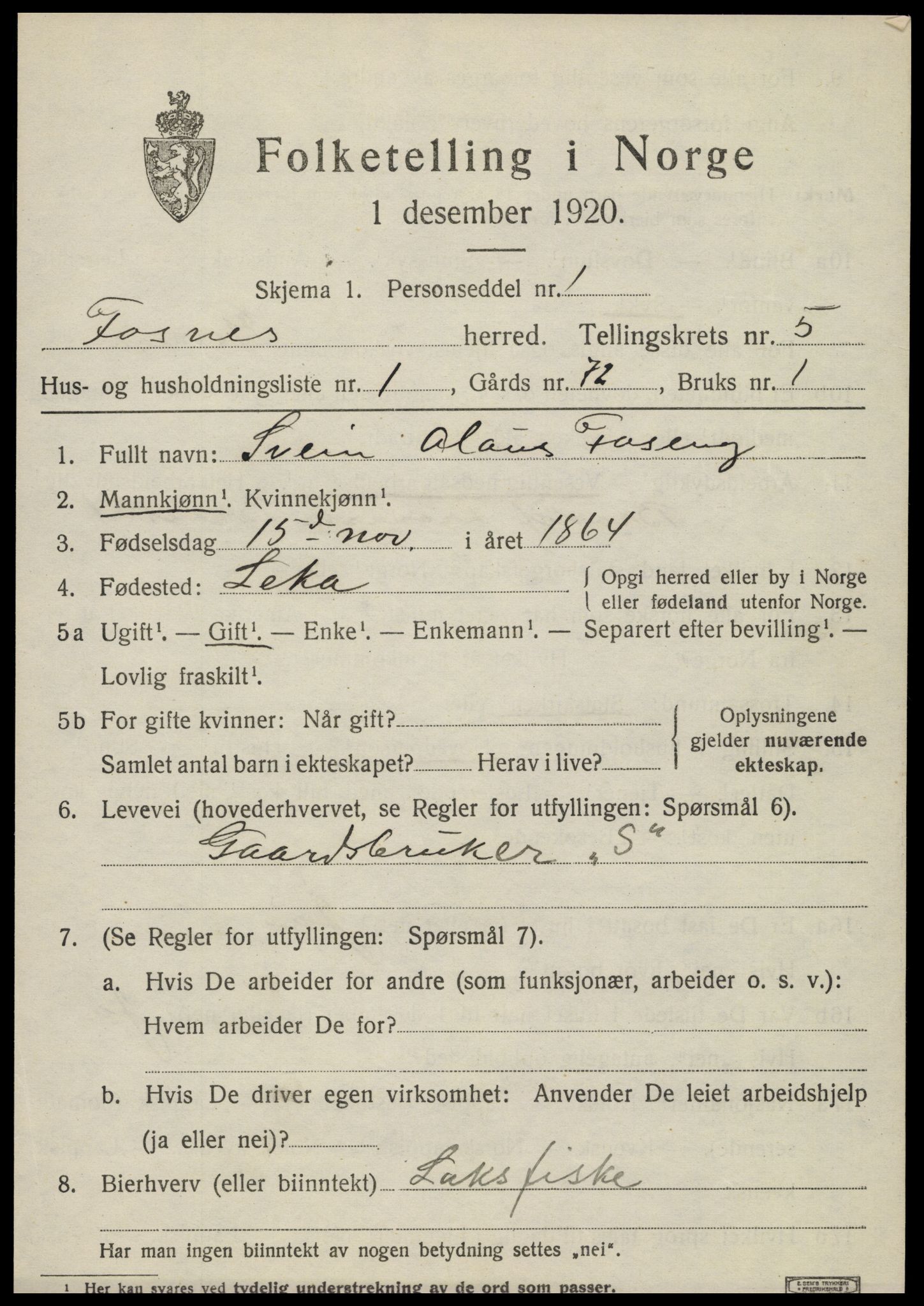 SAT, 1920 census for Fosnes, 1920, p. 2177