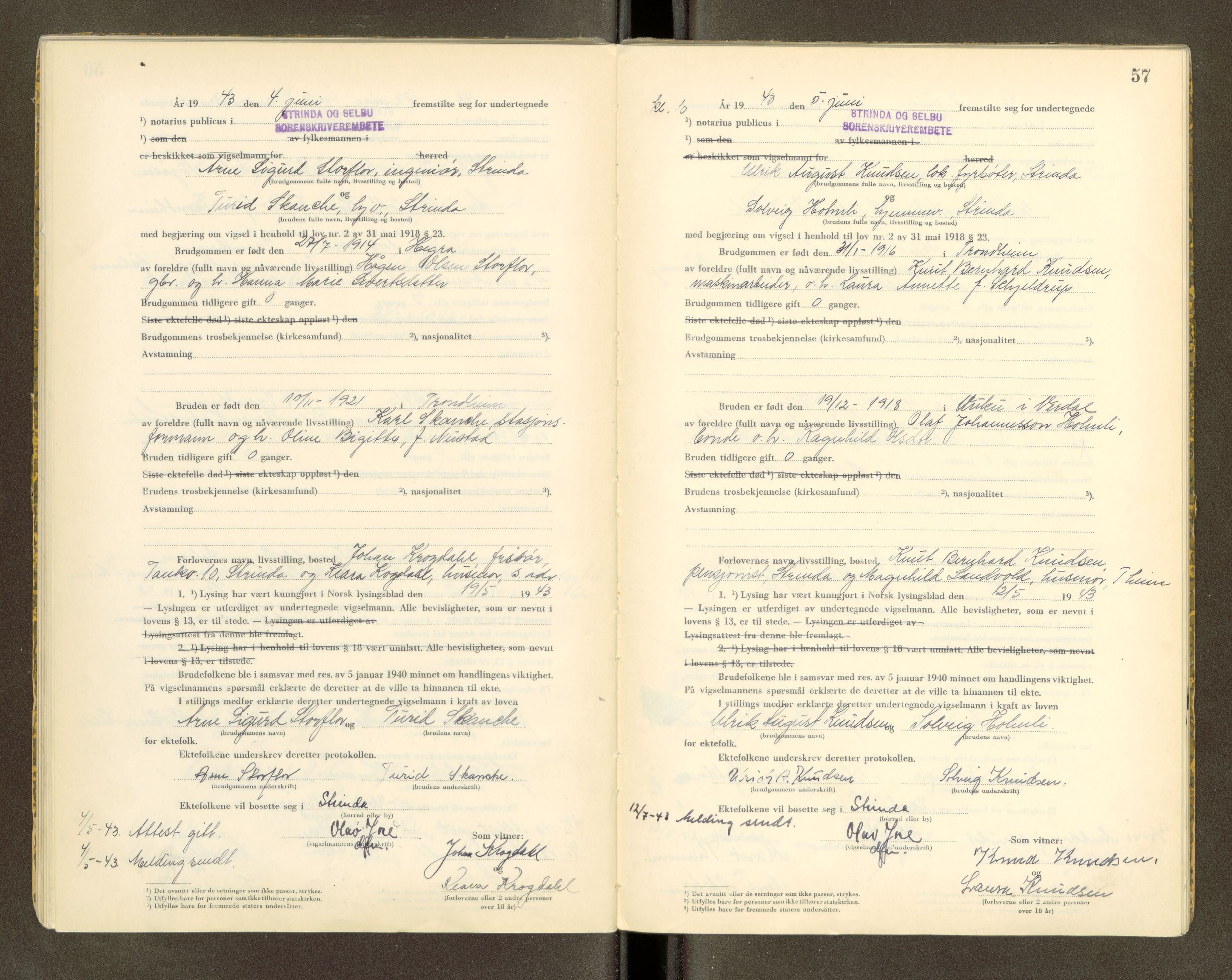 Strinda og Selbu sorenskriveri, AV/SAT-A-0015/6/6D/L0005: Vigselsbok, 1942-1943, p. 57