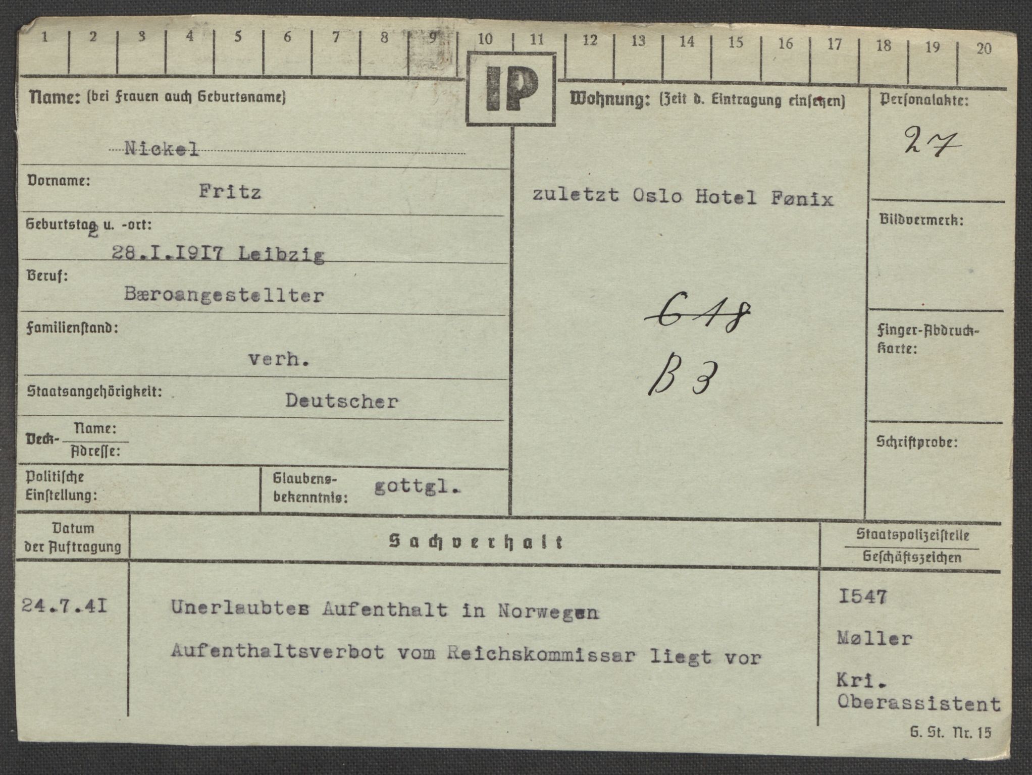 Befehlshaber der Sicherheitspolizei und des SD, RA/RAFA-5969/E/Ea/Eaa/L0007: Register over norske fanger i Møllergata 19: Lundb-N, 1940-1945, p. 1044