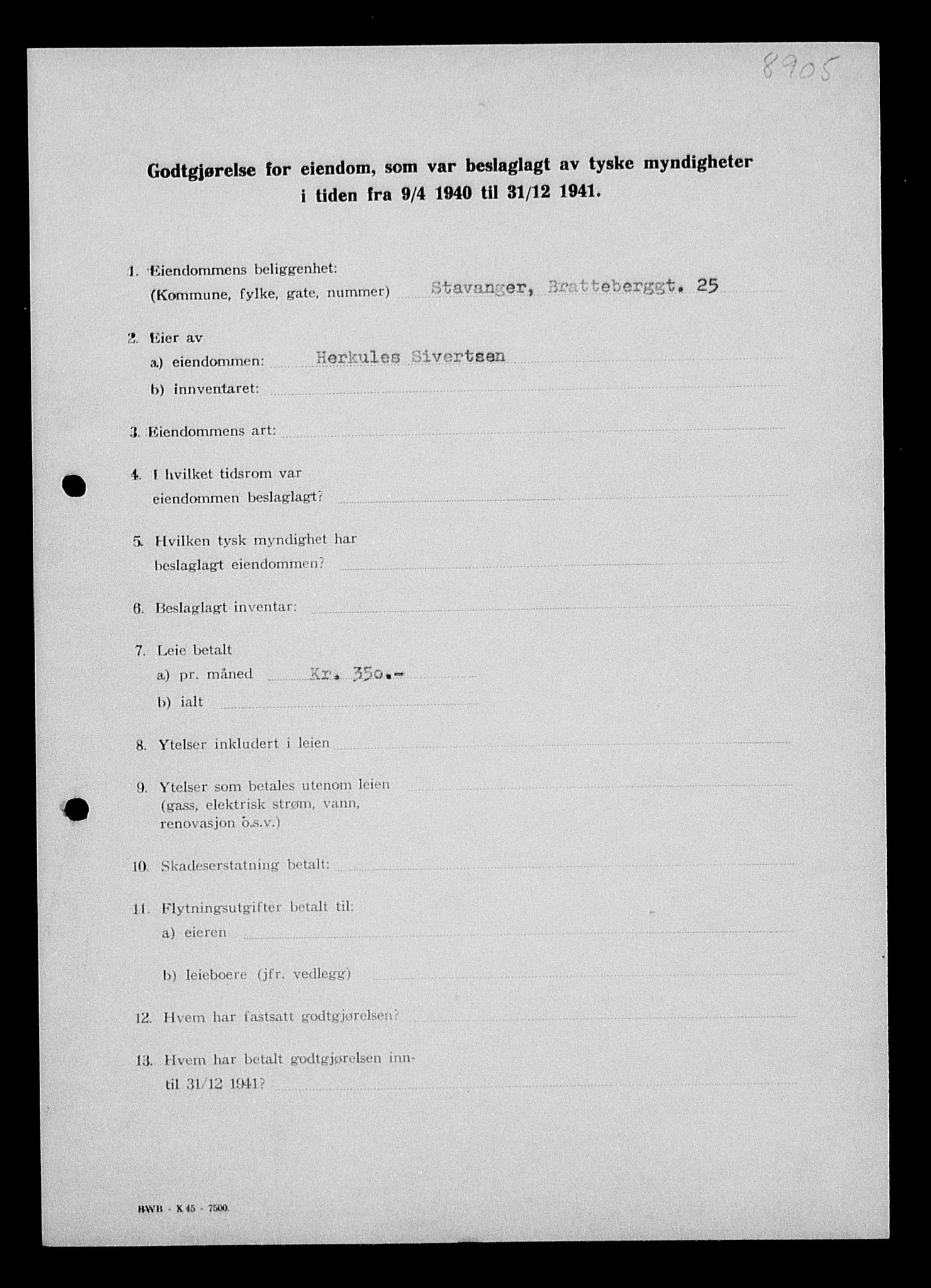 Justisdepartementet, Tilbakeføringskontoret for inndratte formuer, AV/RA-S-1564/I/L1014: Godtgjørelse for beslaglagt eiendom, 1940-1941, p. 122