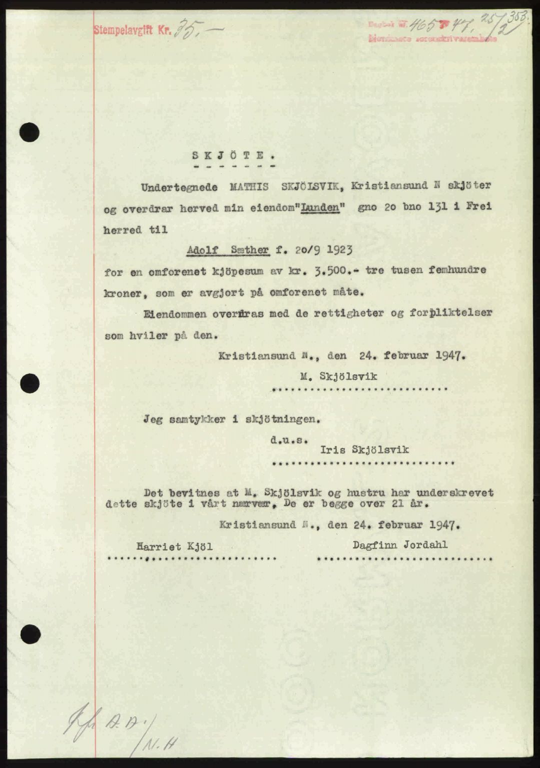 Nordmøre sorenskriveri, AV/SAT-A-4132/1/2/2Ca: Mortgage book no. A104, 1947-1947, Diary no: : 465/1947