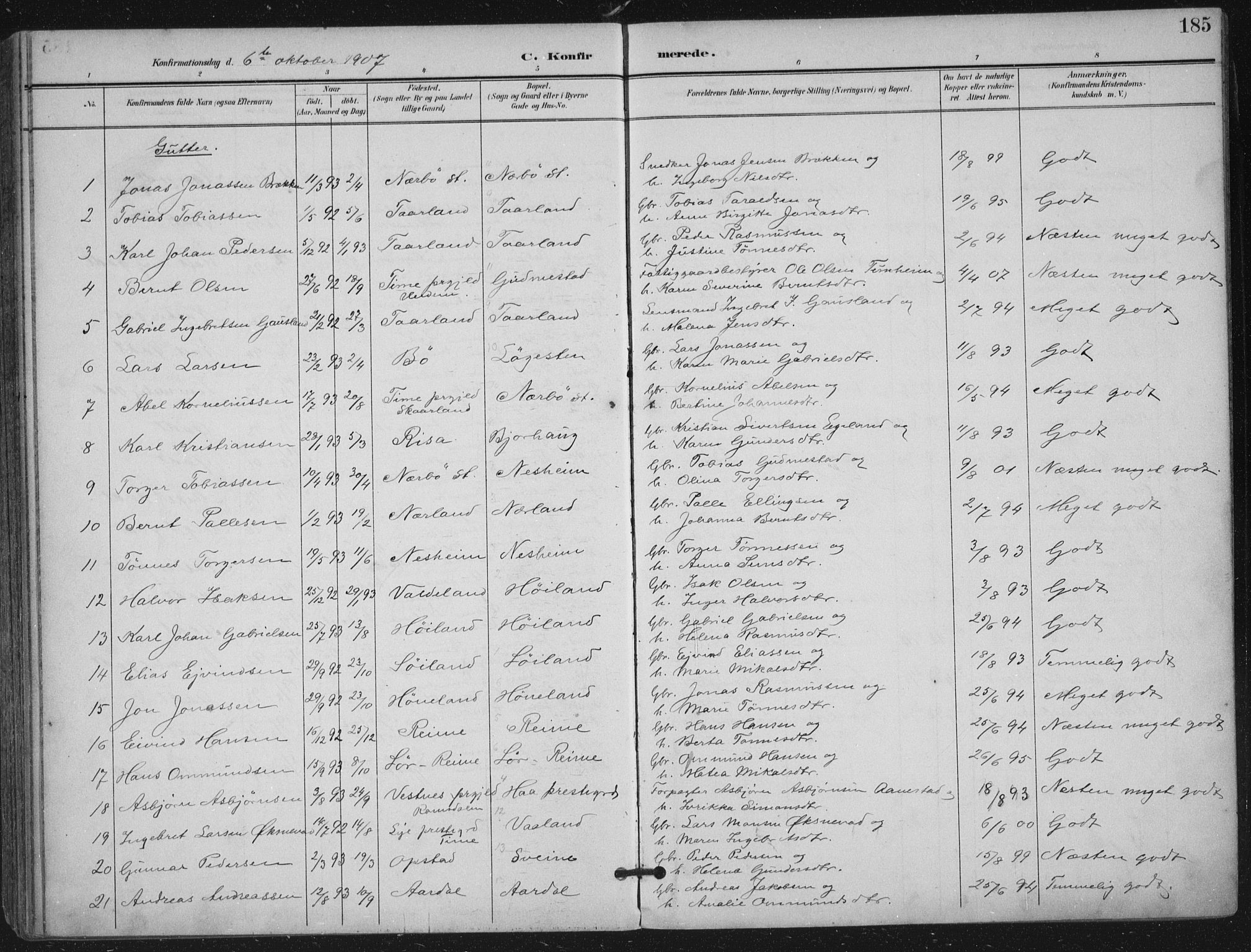 Hå sokneprestkontor, SAST/A-101801/002/B/L0001: Parish register (official) no. A 11, 1897-1924, p. 185