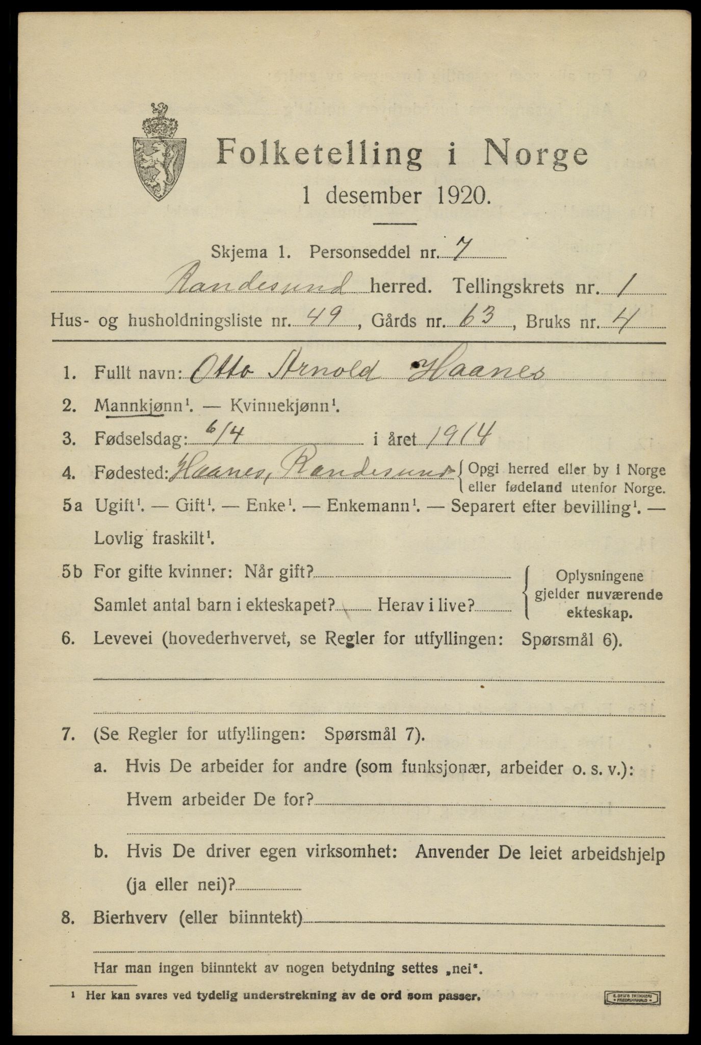 SAK, 1920 census for Randesund, 1920, p. 1072