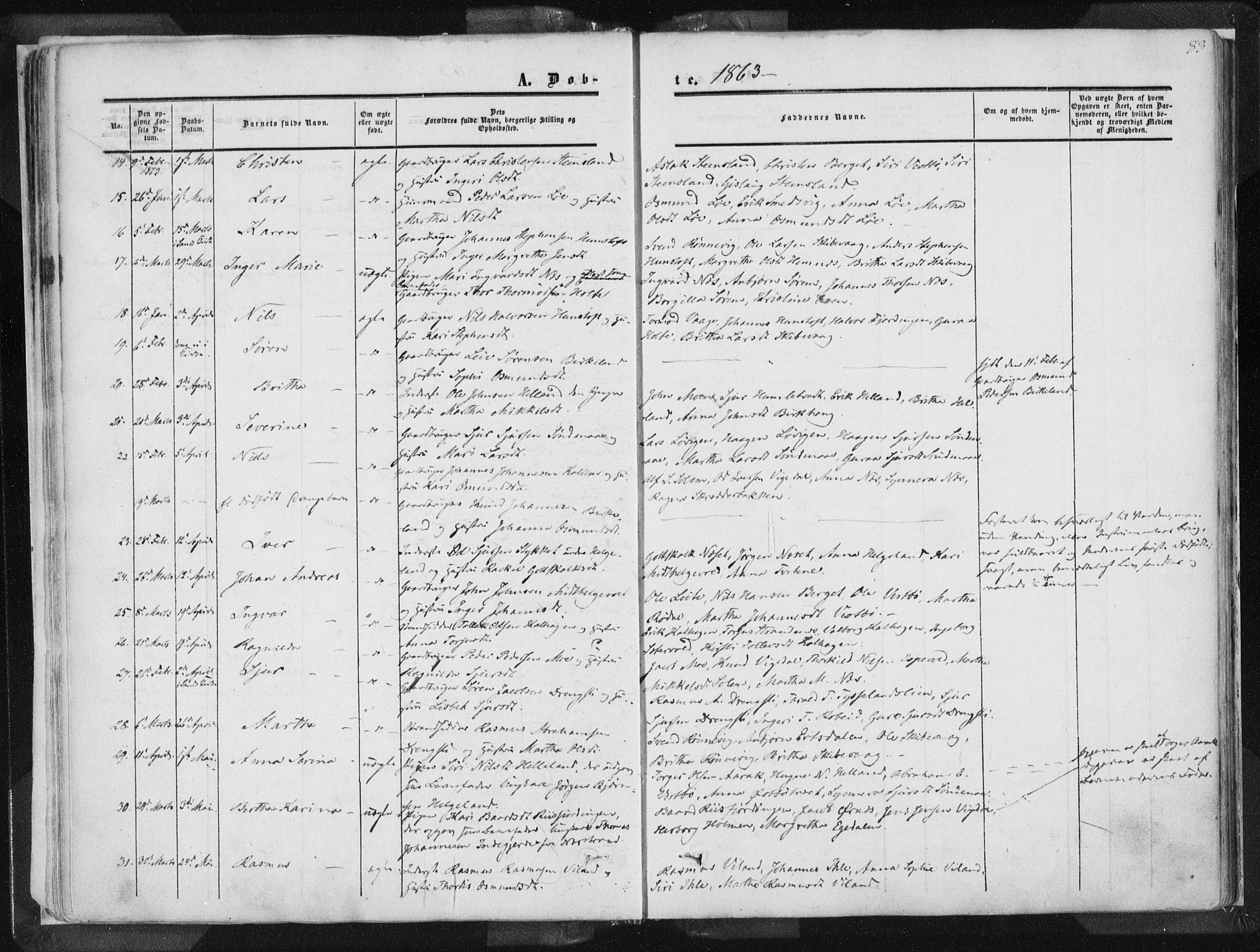 Vikedal sokneprestkontor, AV/SAST-A-101840/01/IV: Parish register (official) no. A 6.1, 1851-1867, p. 83