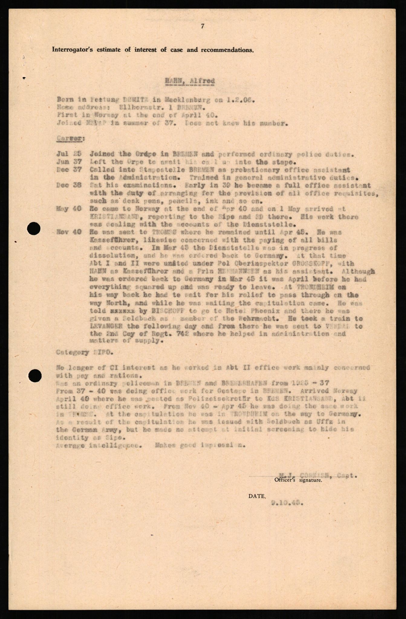 Forsvaret, Forsvarets overkommando II, RA/RAFA-3915/D/Db/L0011: CI Questionaires. Tyske okkupasjonsstyrker i Norge. Tyskere., 1945-1946, p. 311