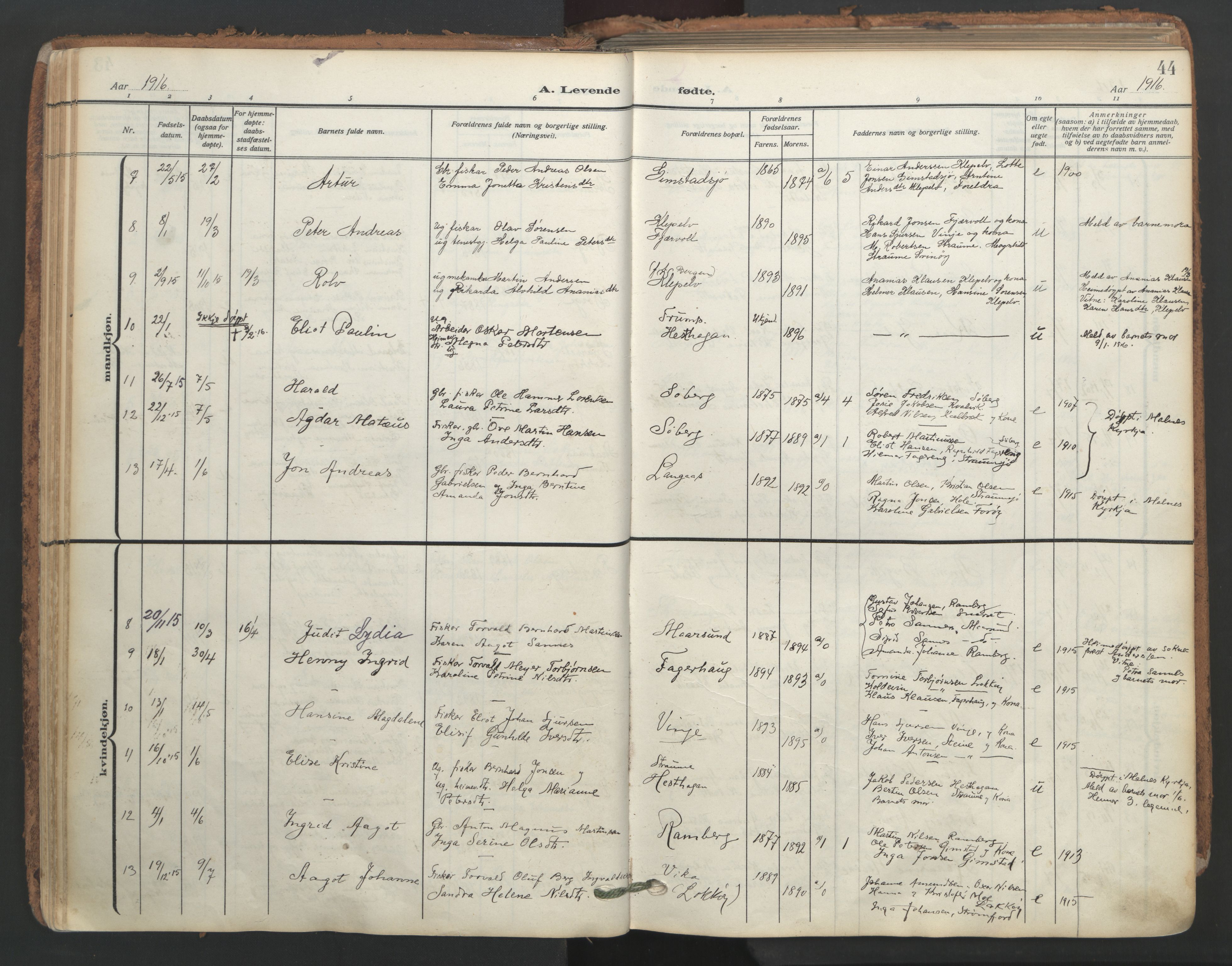 Ministerialprotokoller, klokkerbøker og fødselsregistre - Nordland, SAT/A-1459/891/L1306: Parish register (official) no. 891A11, 1911-1927, p. 44