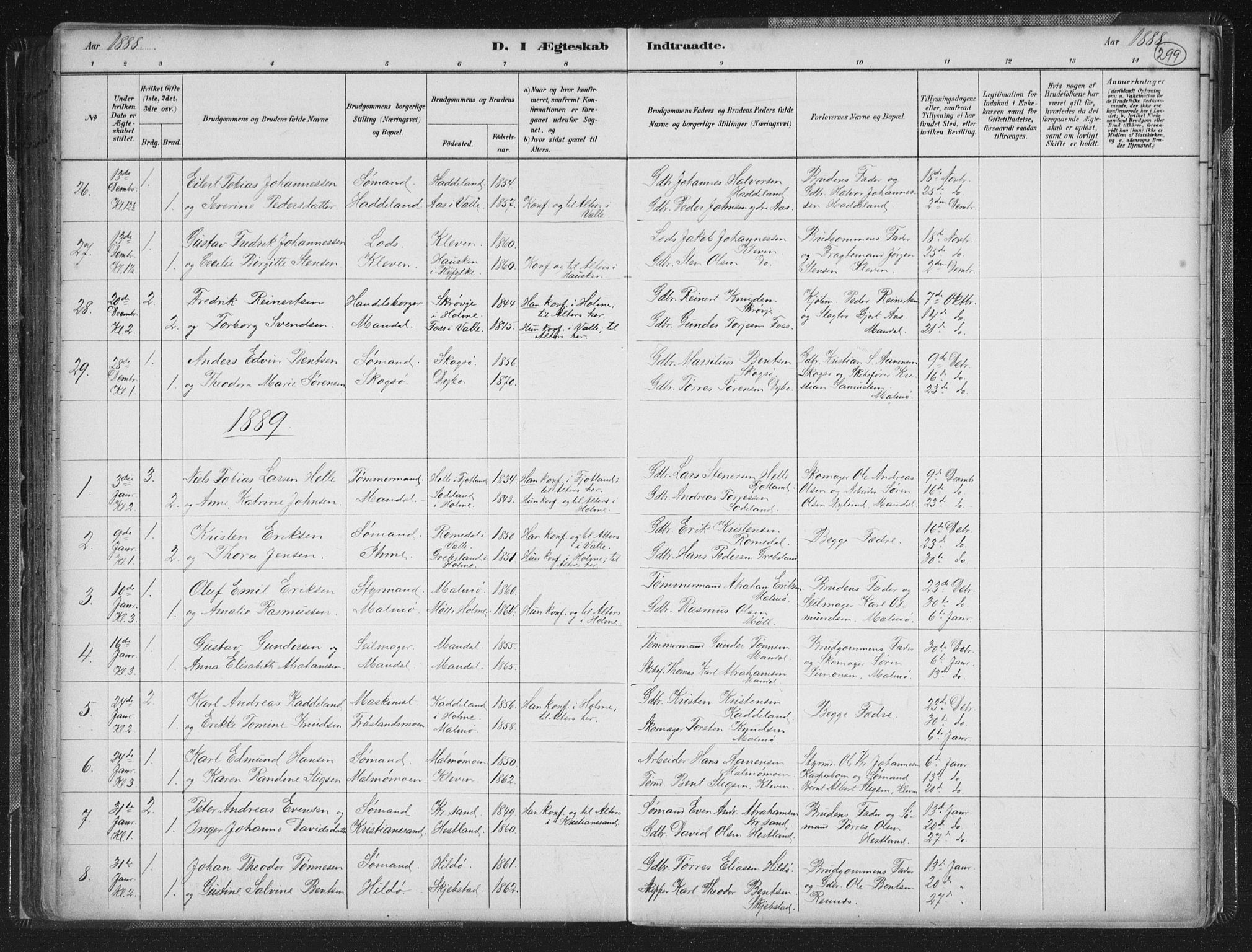 Mandal sokneprestkontor, SAK/1111-0030/F/Fb/Fba/L0011: Parish register (copy) no. B 5, 1880-1898, p. 299