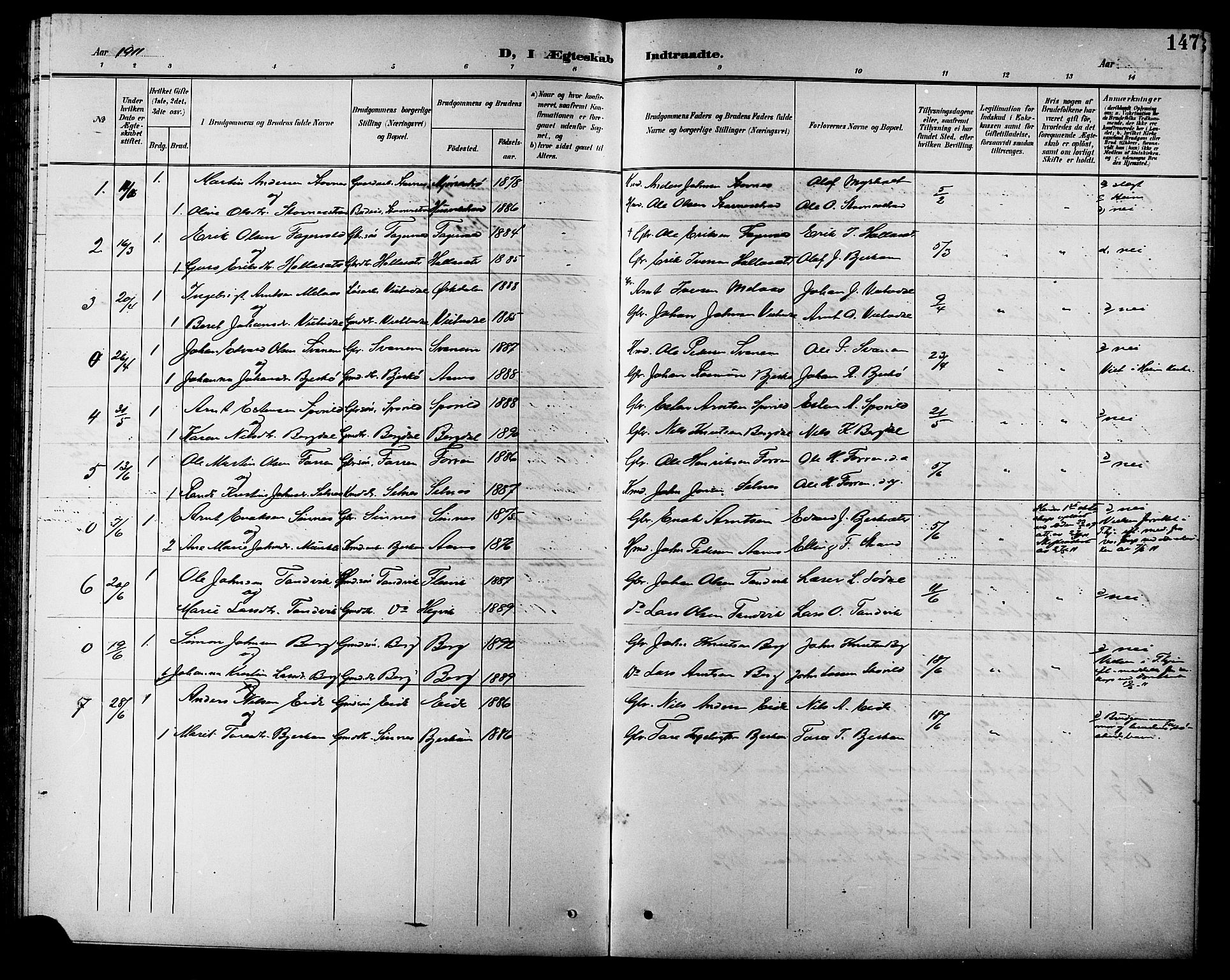 Ministerialprotokoller, klokkerbøker og fødselsregistre - Sør-Trøndelag, SAT/A-1456/630/L0505: Parish register (copy) no. 630C03, 1899-1914, p. 147