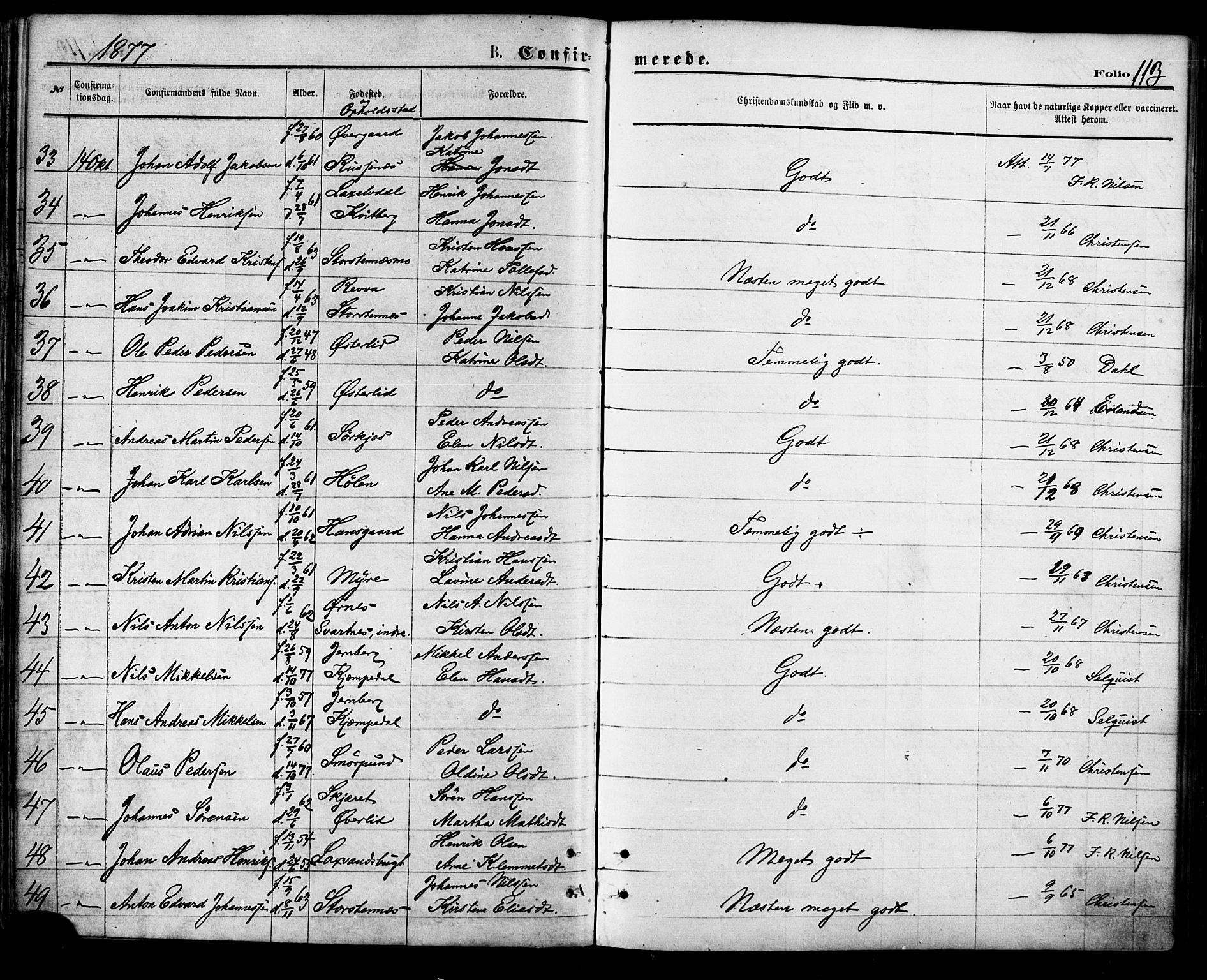 Balsfjord sokneprestembete, SATØ/S-1303/G/Ga/L0004kirke: Parish register (official) no. 4, 1871-1883, p. 113